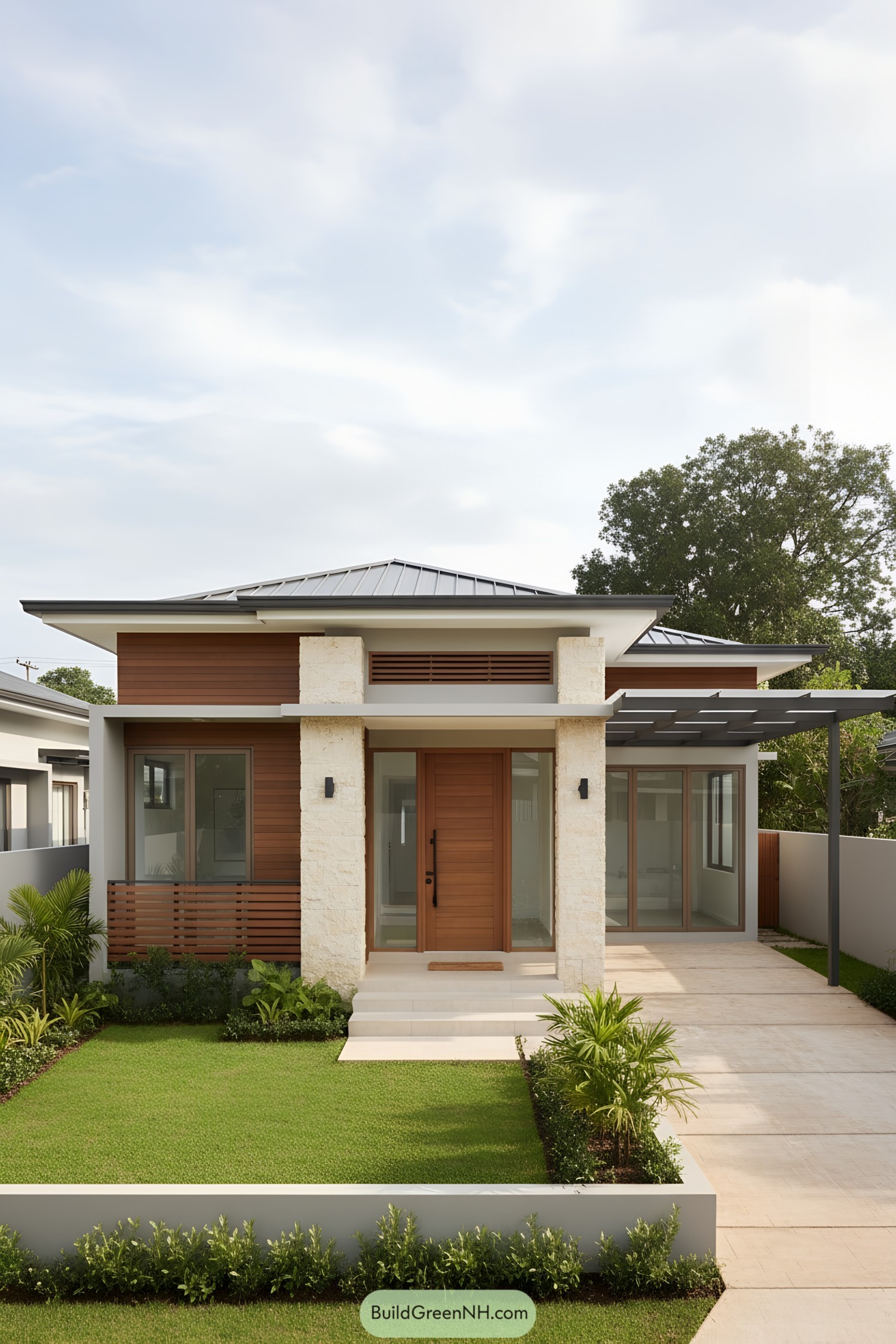 Minimalist bungalow with stone pillars, wood accents, and metal hip roof