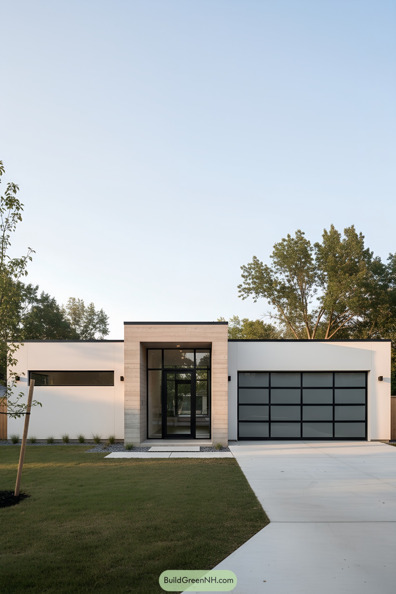 Minimalist white bungalow with black-framed glass entry and garage