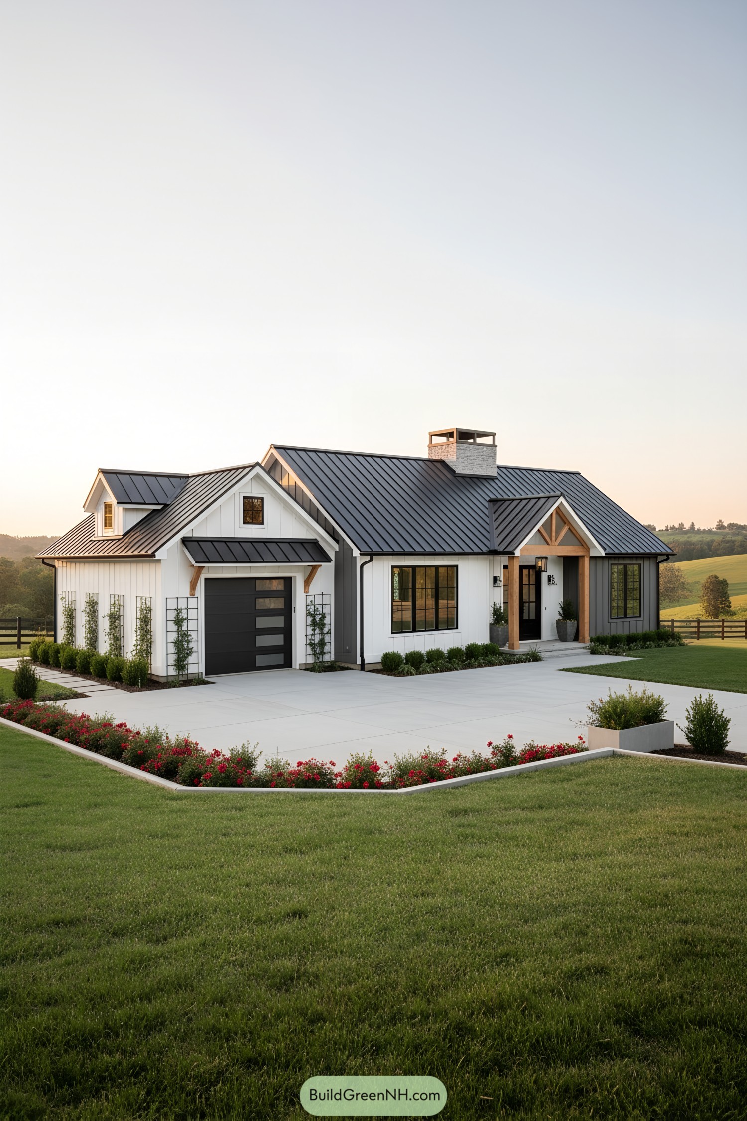 White board-and-batten ranch with black metal roof and timber accents