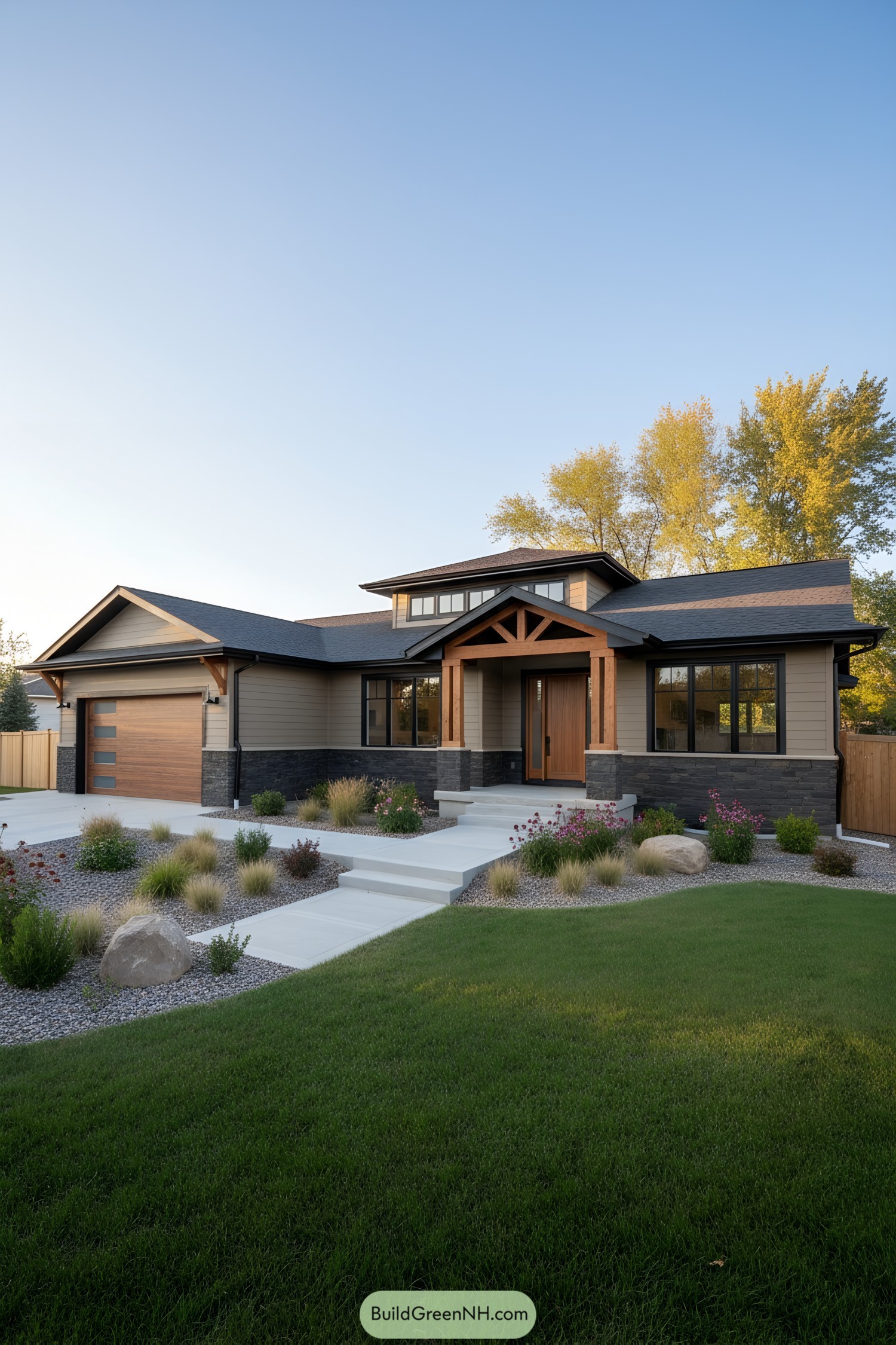 Modern ranch with timber porch, low gables, and stone base