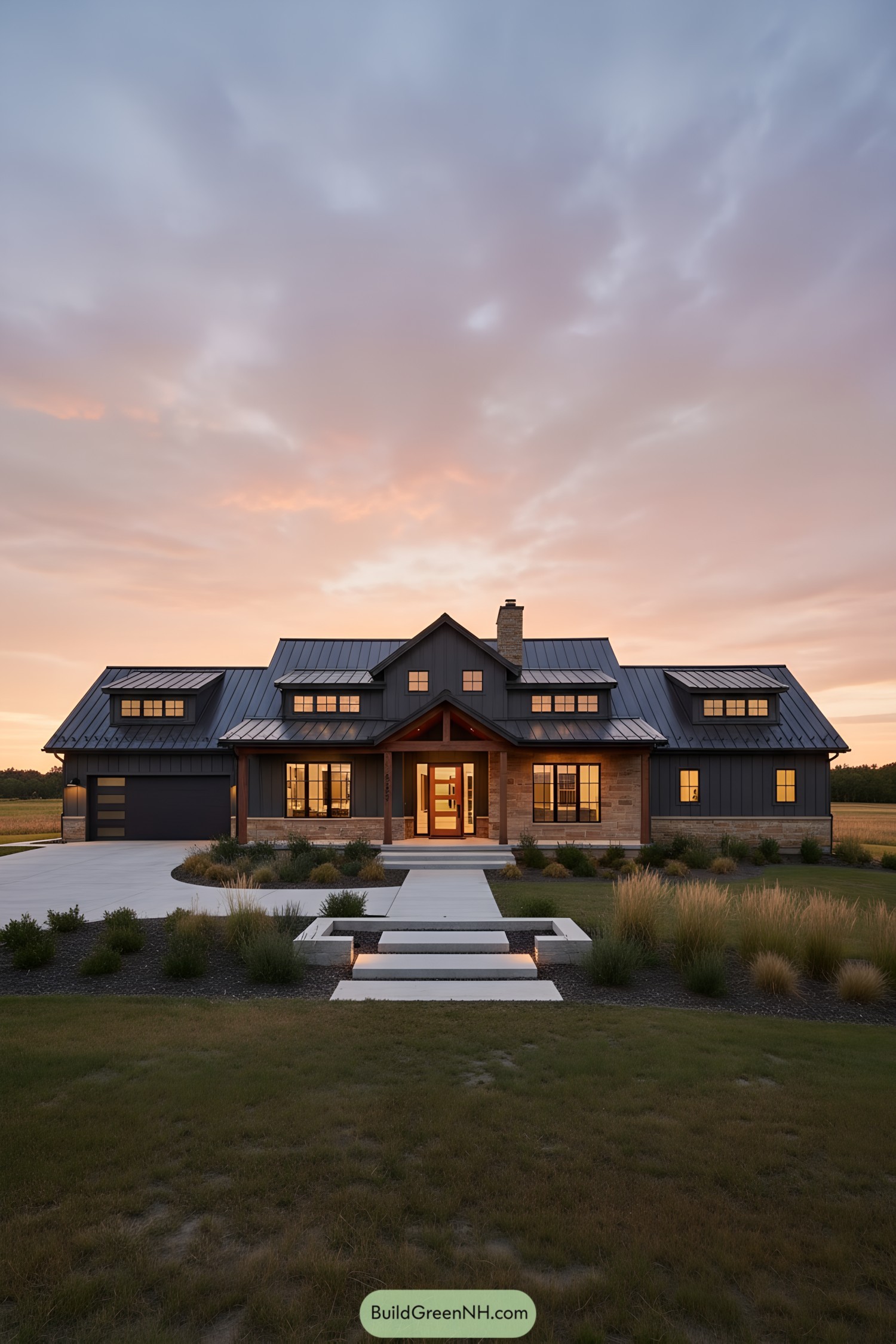 Modern ranch home with charcoal metal roof, stone accents, warm interior glow at sunset