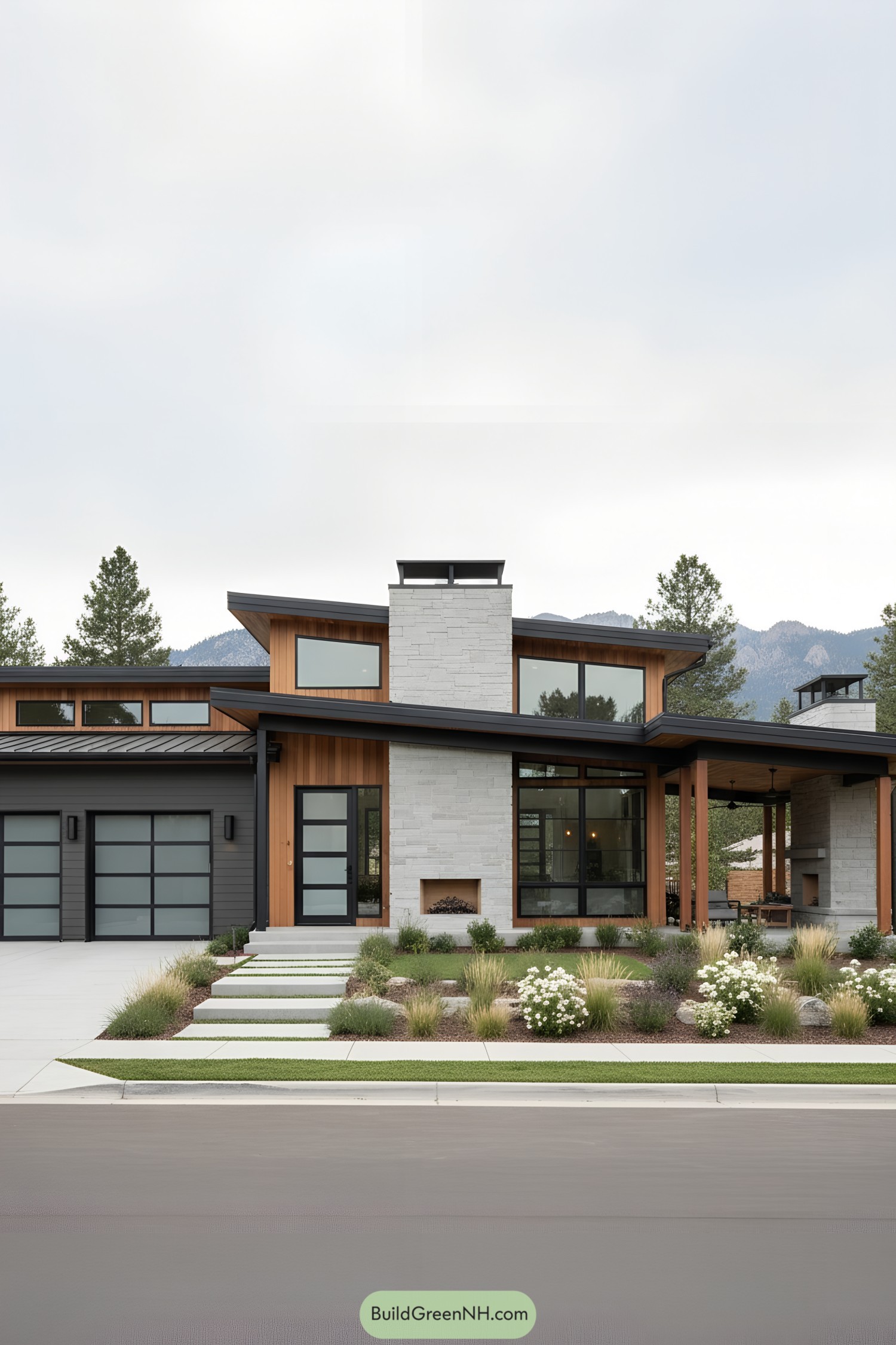 Modern ranch with sloped roofs and stone chimney, warm wood siding, and expansive glass framed by dark trim