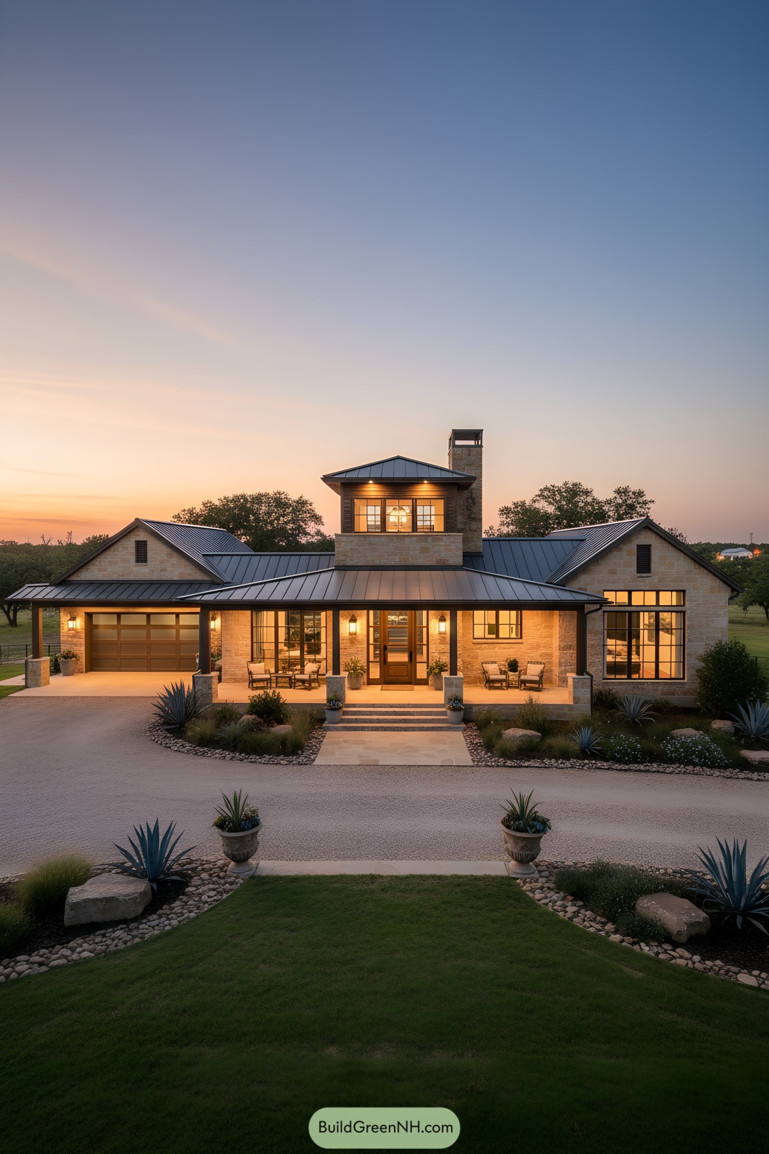Contemporary ranch home with stone facade and metal roof at dusk