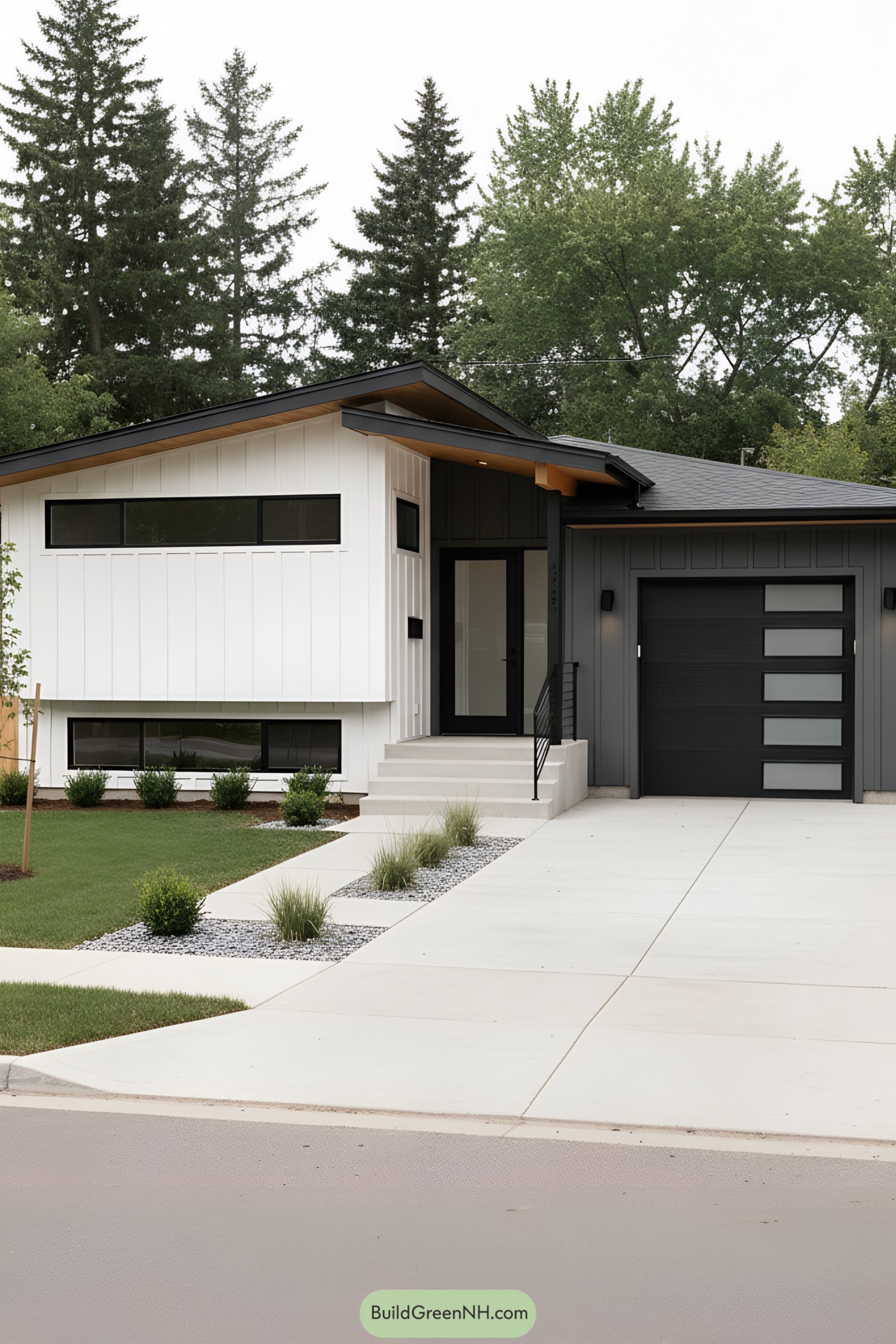 Modern ranch with sloped roof and black-and-white facade