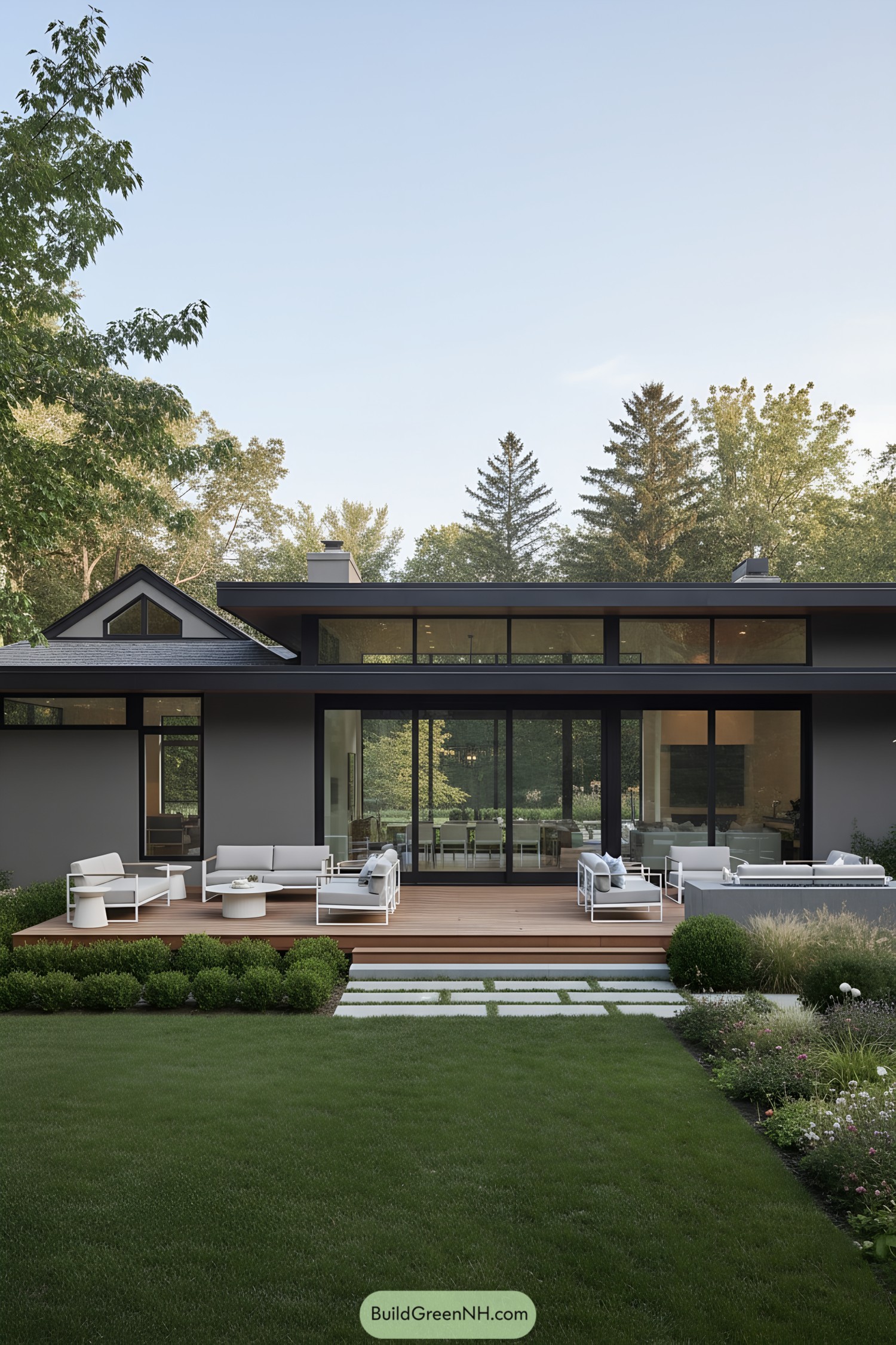 Modern ranch with low sloped roof, glass walls, and wood deck opening to manicured lawn