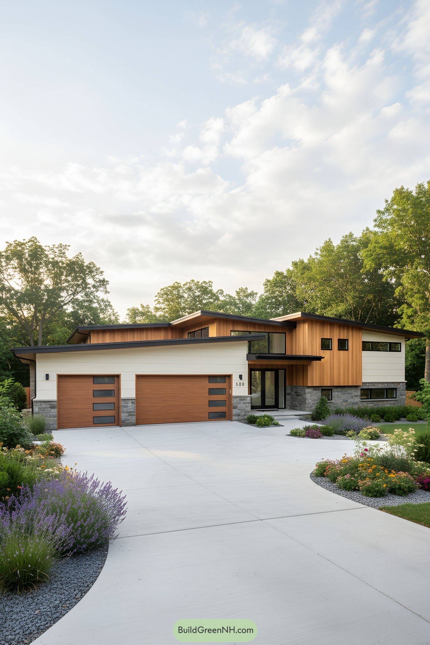 Modern ranch home with wood and stone facade, low-slung roofs, and landscaped drive