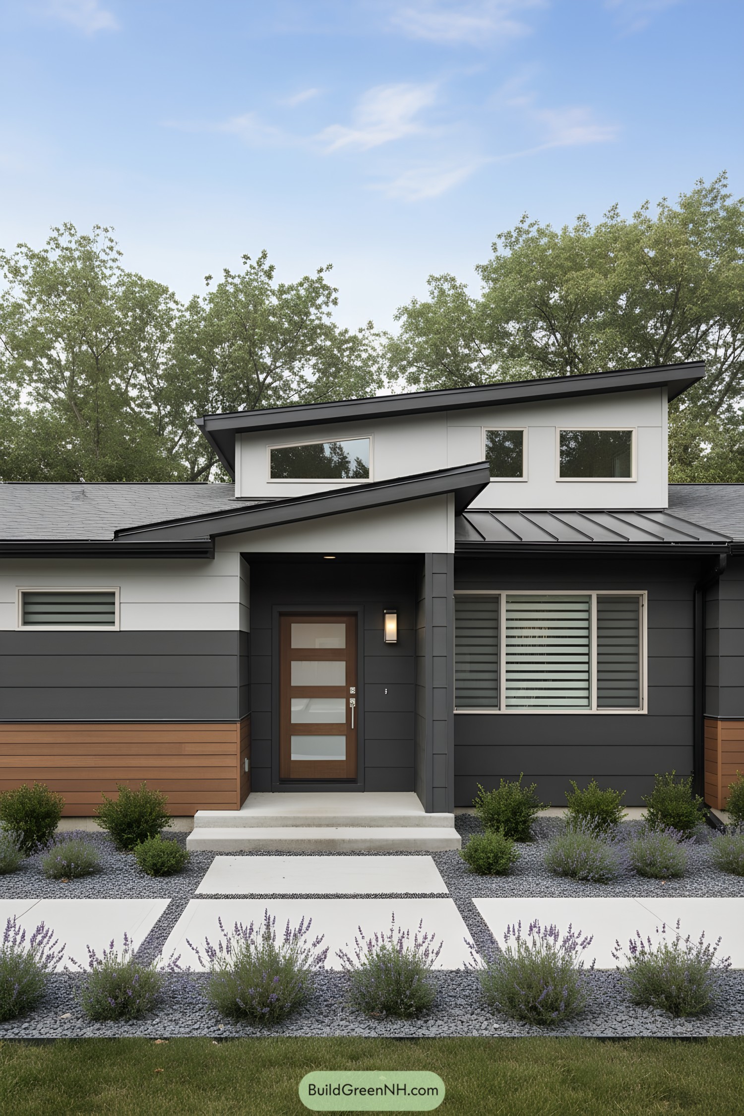 Modern ranch with sloped rooflines and mixed horizontal siding in charcoal, white, and warm wood accents