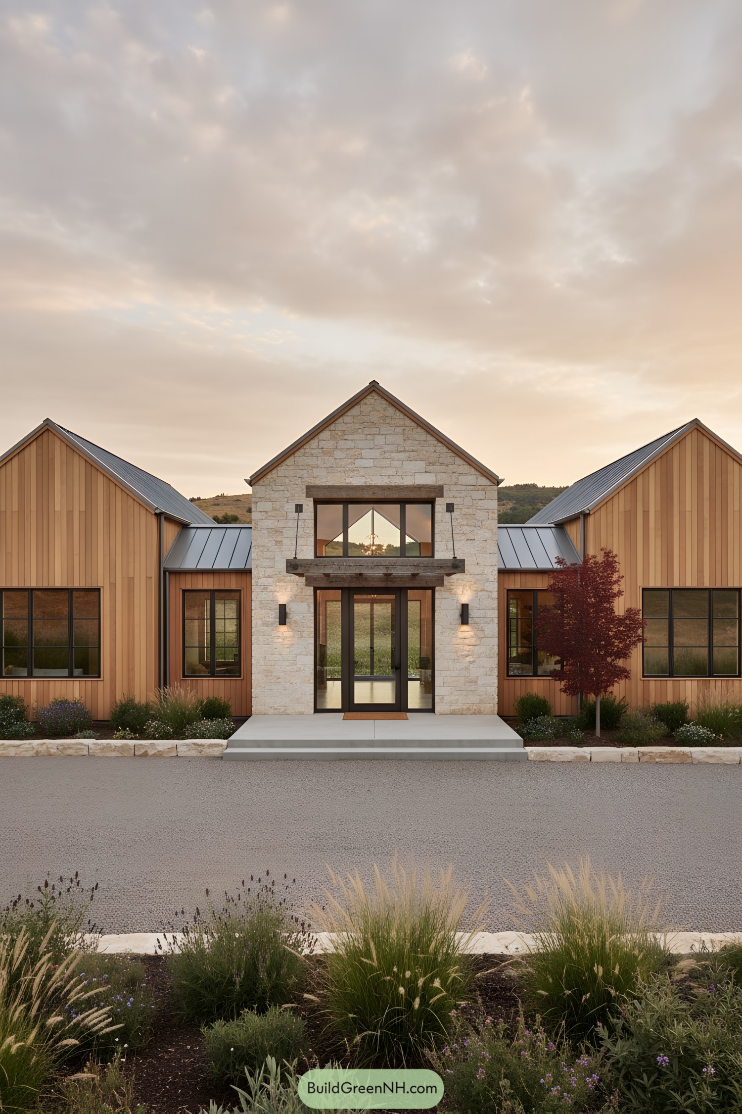 Warm cedar and limestone ranch facade at dusk with black-framed windows and metal roofs