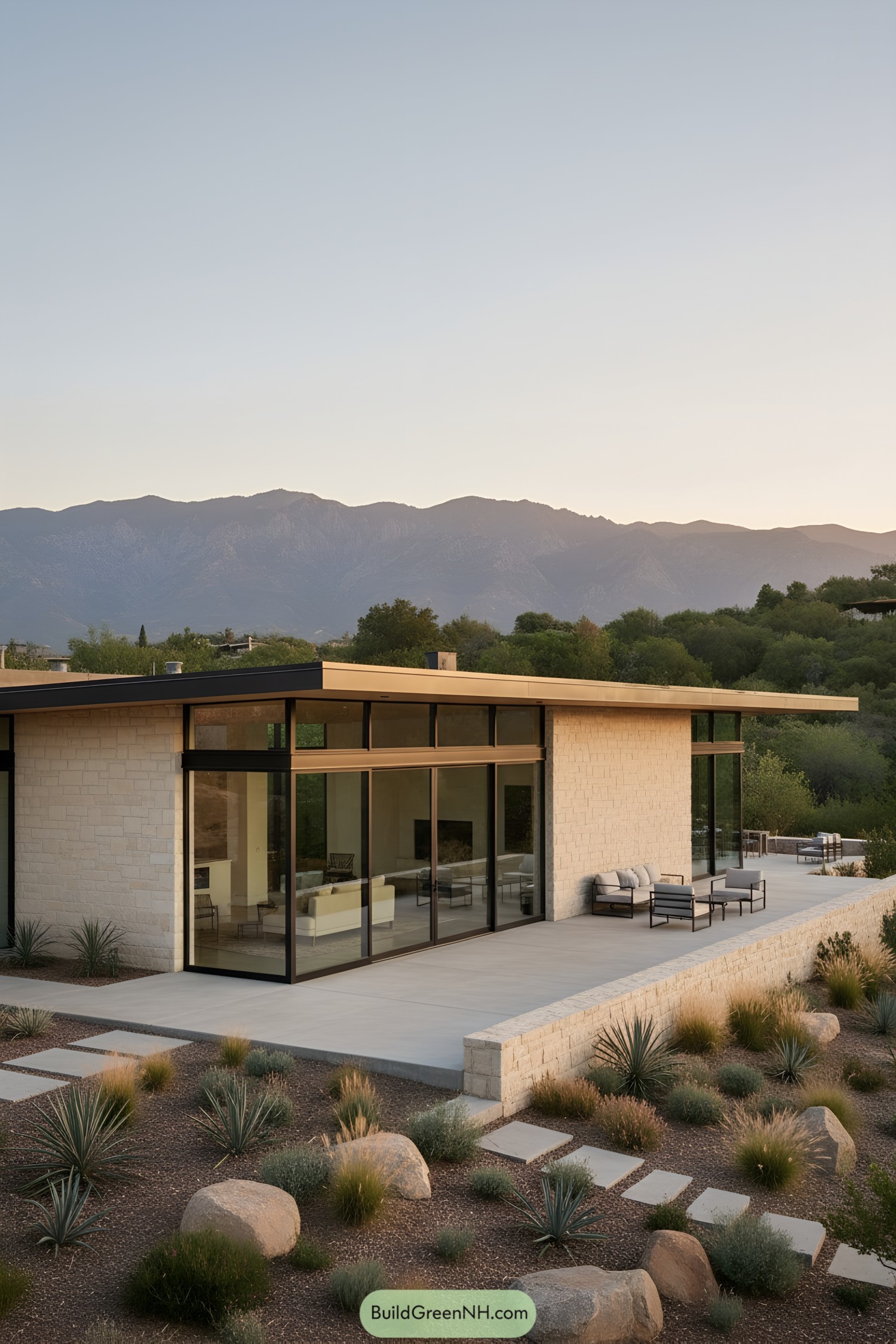 Low-slung ranch with stone walls and expansive glass overlooking desert landscaping and distant mountains