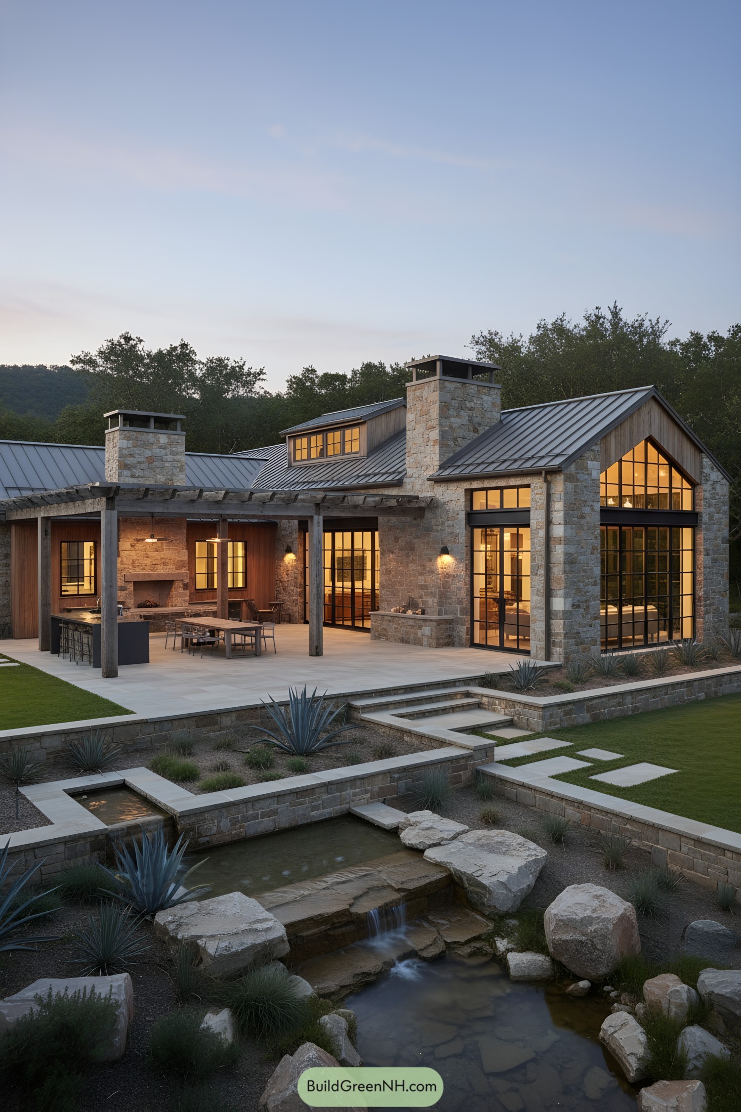 Modern ranch with stone walls steel roof pergola and water feature