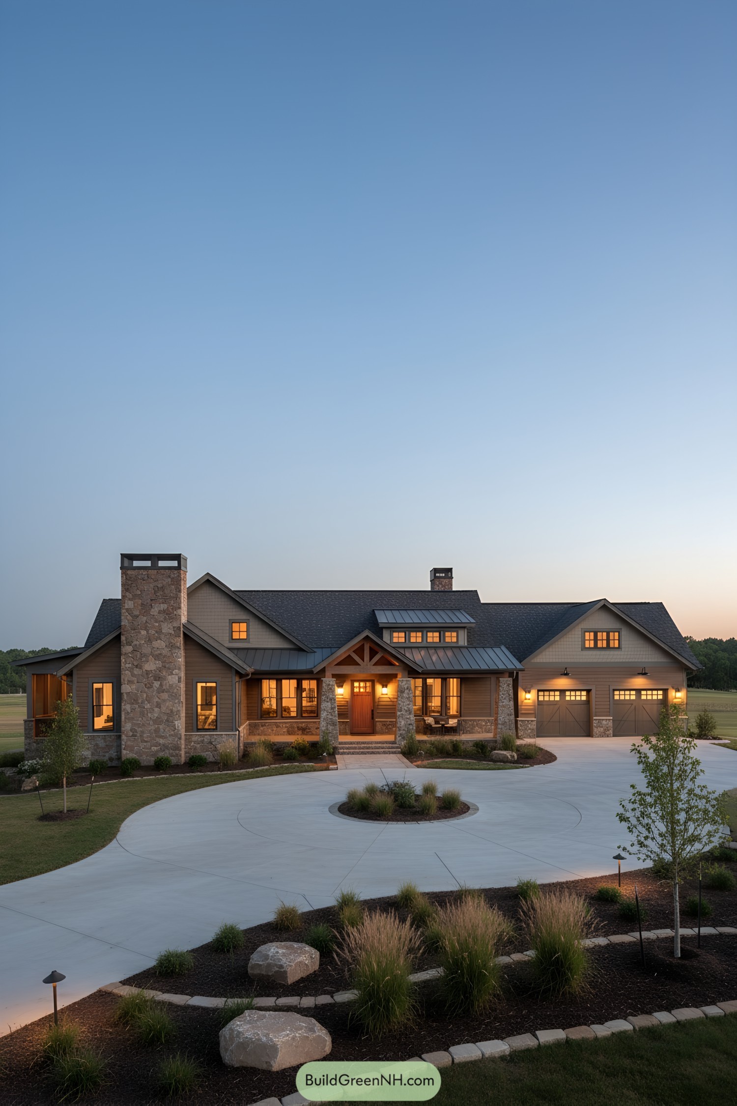 high-res photo of modern ranch house, rustic-contemporary facade with deep eaves, exposed timber trusses, tapered stone columns, mixed horizontal siding and shingle accents, warm exterior lighting; earthy palette—cedar brown, taupe, and natural stone with charcoal trims; long, low, asymmetrical L-shaped structure with varied gable masses and broad single-story wings; materials: rough-cut fieldstone bases and chimneys, vertical board-and-batten wood, shake shingle accents, cedar beams, metal and wood details; roofing: multi-gabled composition shingles in dark charcoal, shed-roof porch in standing-seam metal, prominent stone chimney; windows: grid-pane casements and transoms in dark bronze, clerestory bands, small gable vents, warm interior glow; doors: solid wood entry door under timber gable, carriage-style three-bay garage doors with upper lites, side porch access doors; outdoor area: deep covered front porch with stone piers and timber beams, wraparound screened sitting porch with stone knee walls, wide concrete circular driveway, brick entry stoop, subtle wall sconces; landscaping: manicured lawn, curved planting beds with ornamental grasses and low shrubs, stacked stone edging, accent boulders, young deciduous trees, pathway lighting; surrounding background: open suburban lot, distant tree line, clear dusk sky with soft blue hour tones, calm and spacious setting. ultra-realistic, high-resolution, architectural photography, soft lighting, cinematic composition