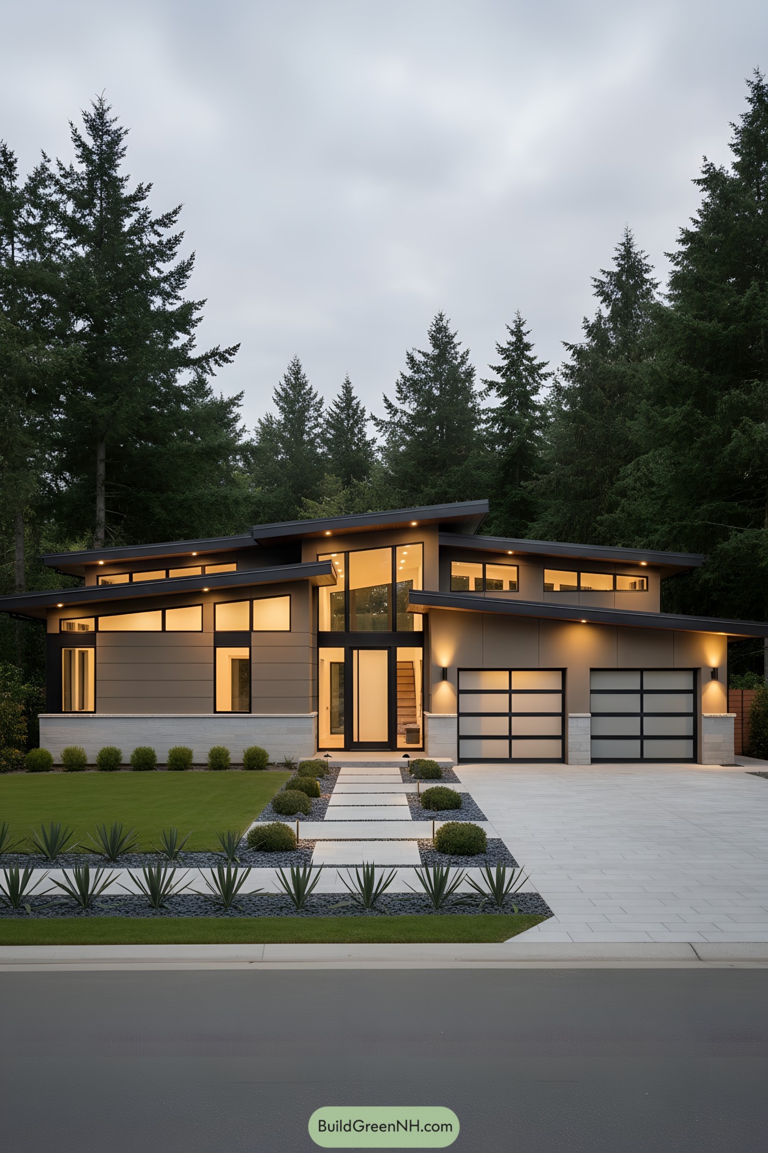 Modern ranch home with tiered shed roofs and warm glazing at dusk