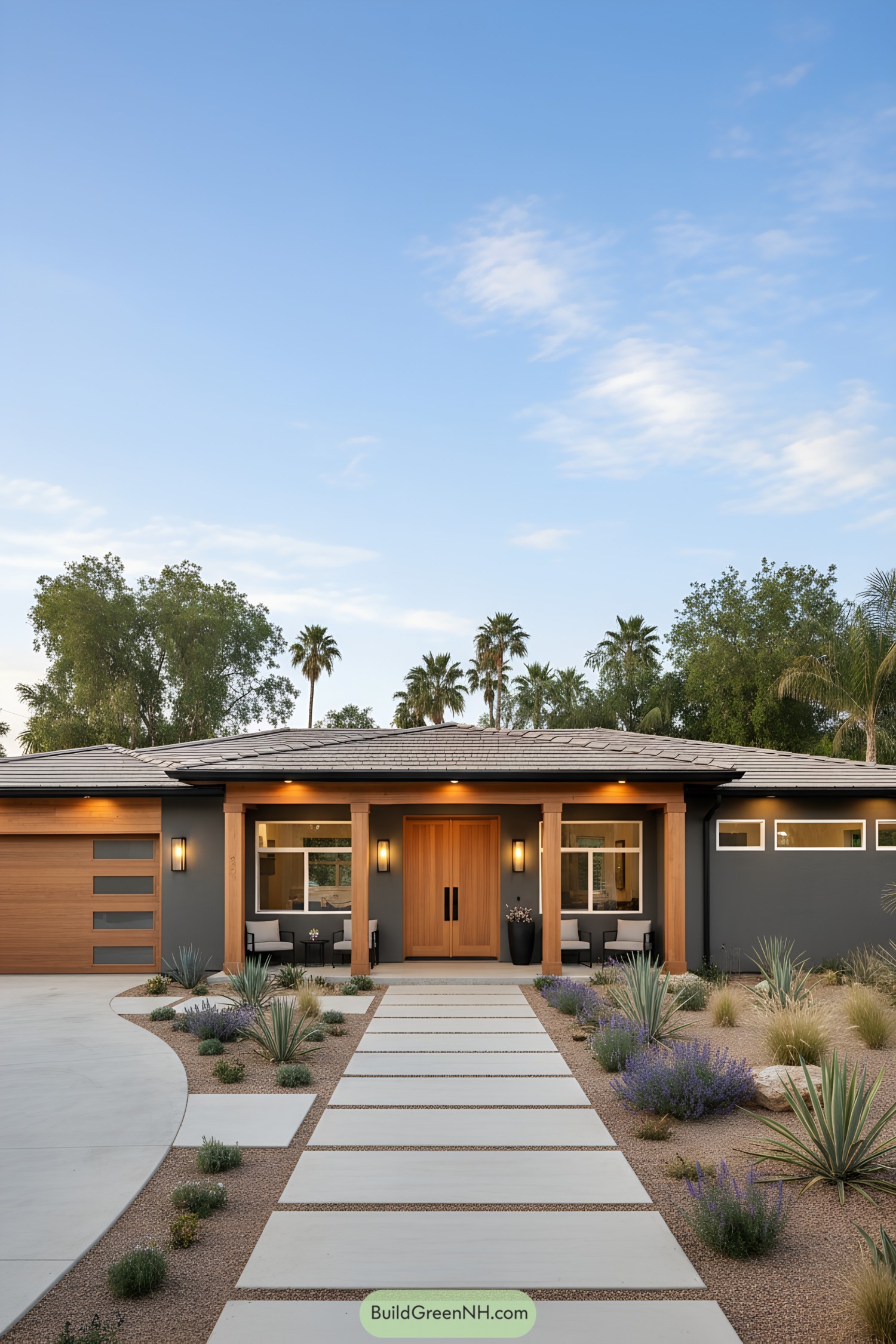 Single-story ranch with wood accents and drought-tolerant landscaping