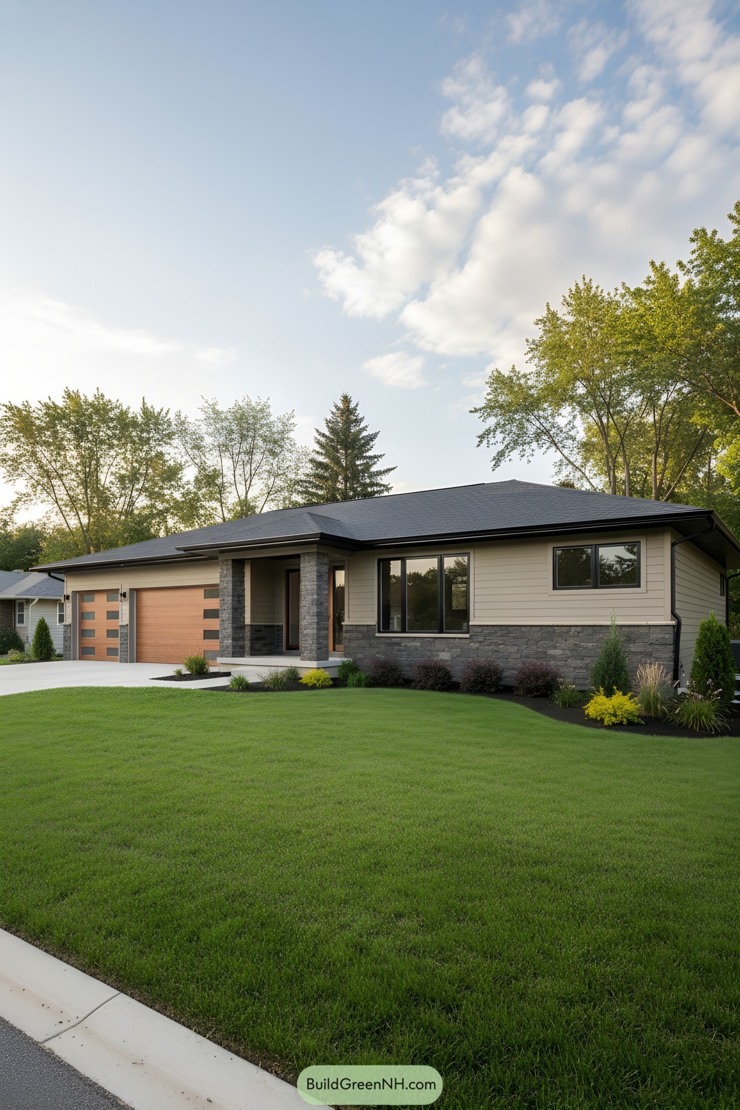 Single-story modern ranch with stone and wood accents