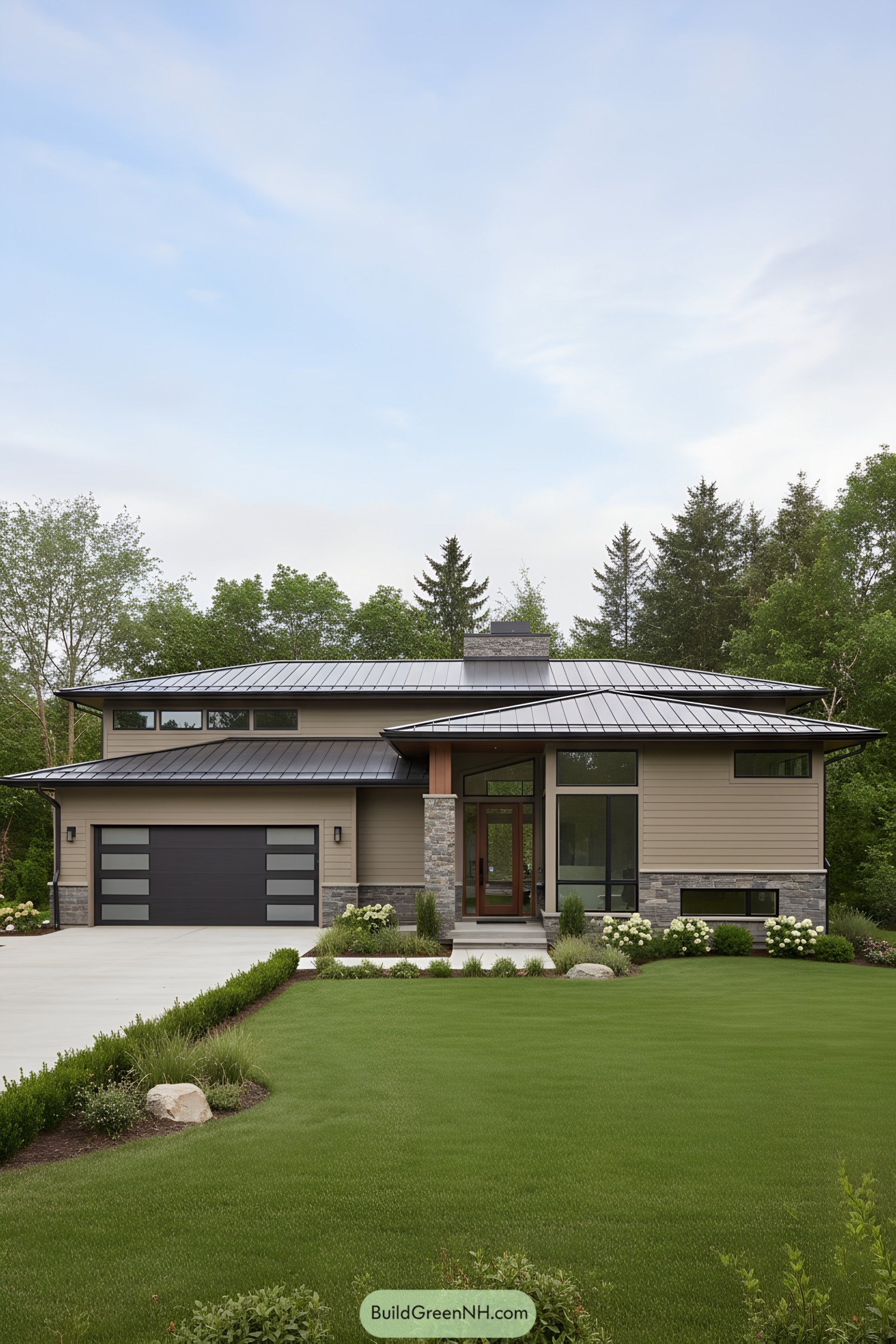 Modern ranch with low metal roofs, broad eaves, stone accents, and large windows fronting a manicured lawn
