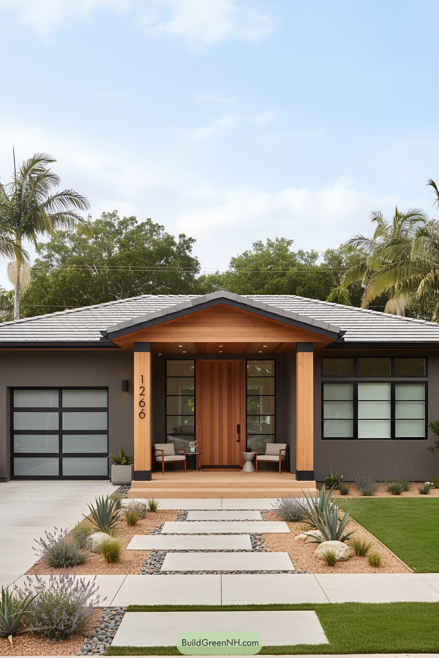 Modern ranch facade with cedar-clad entry, dark stucco, and xeriscape path