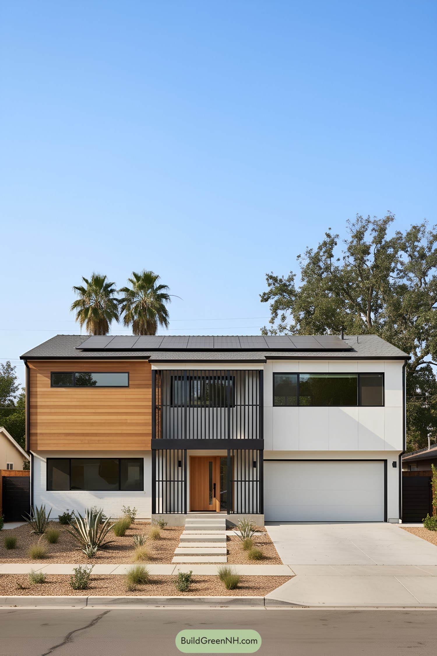 Two-story modern ranch with cedar, white panels, black slat screens, desert landscaping, and rooftop solar