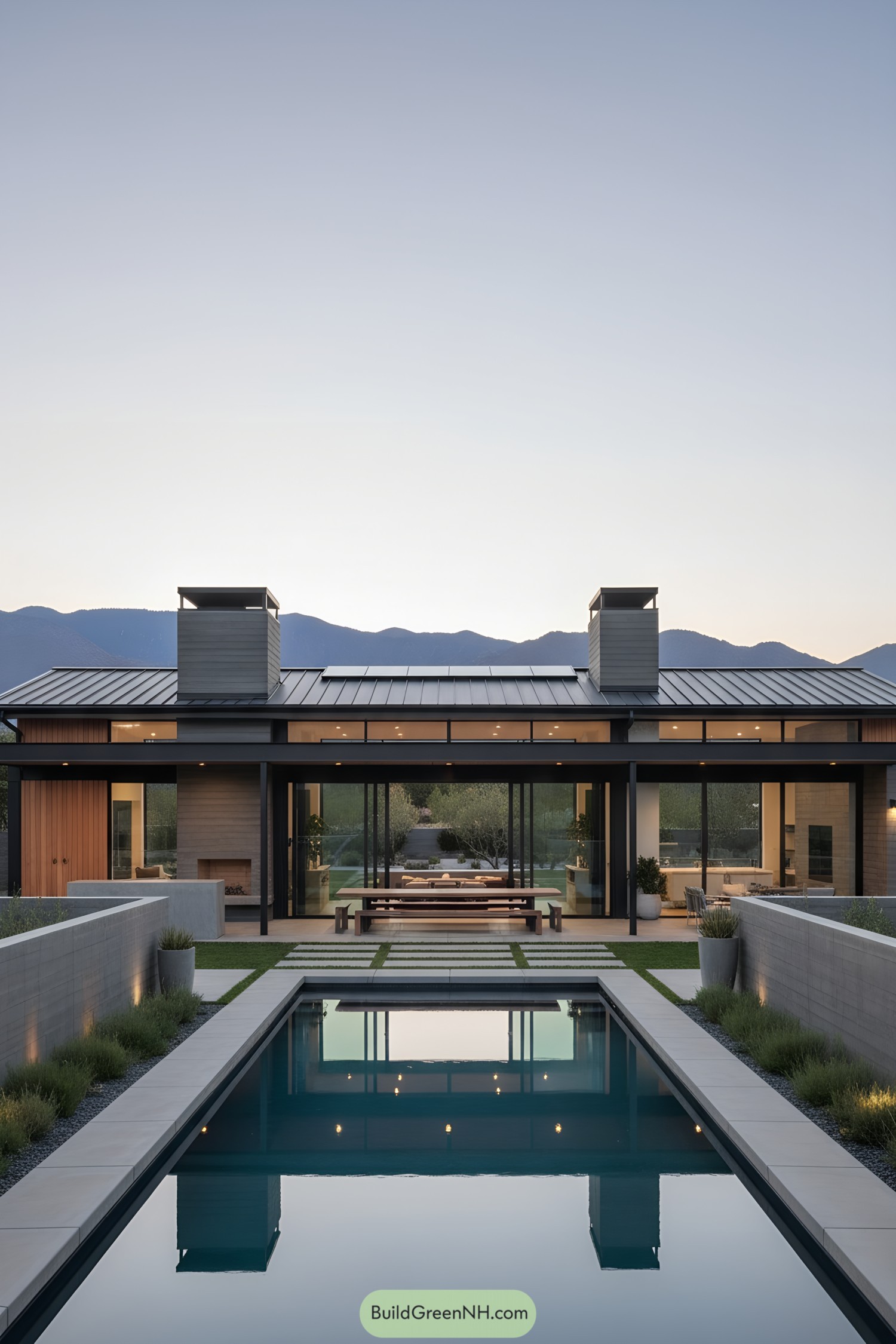 Modern ranch with linear pool courtyard at dusk