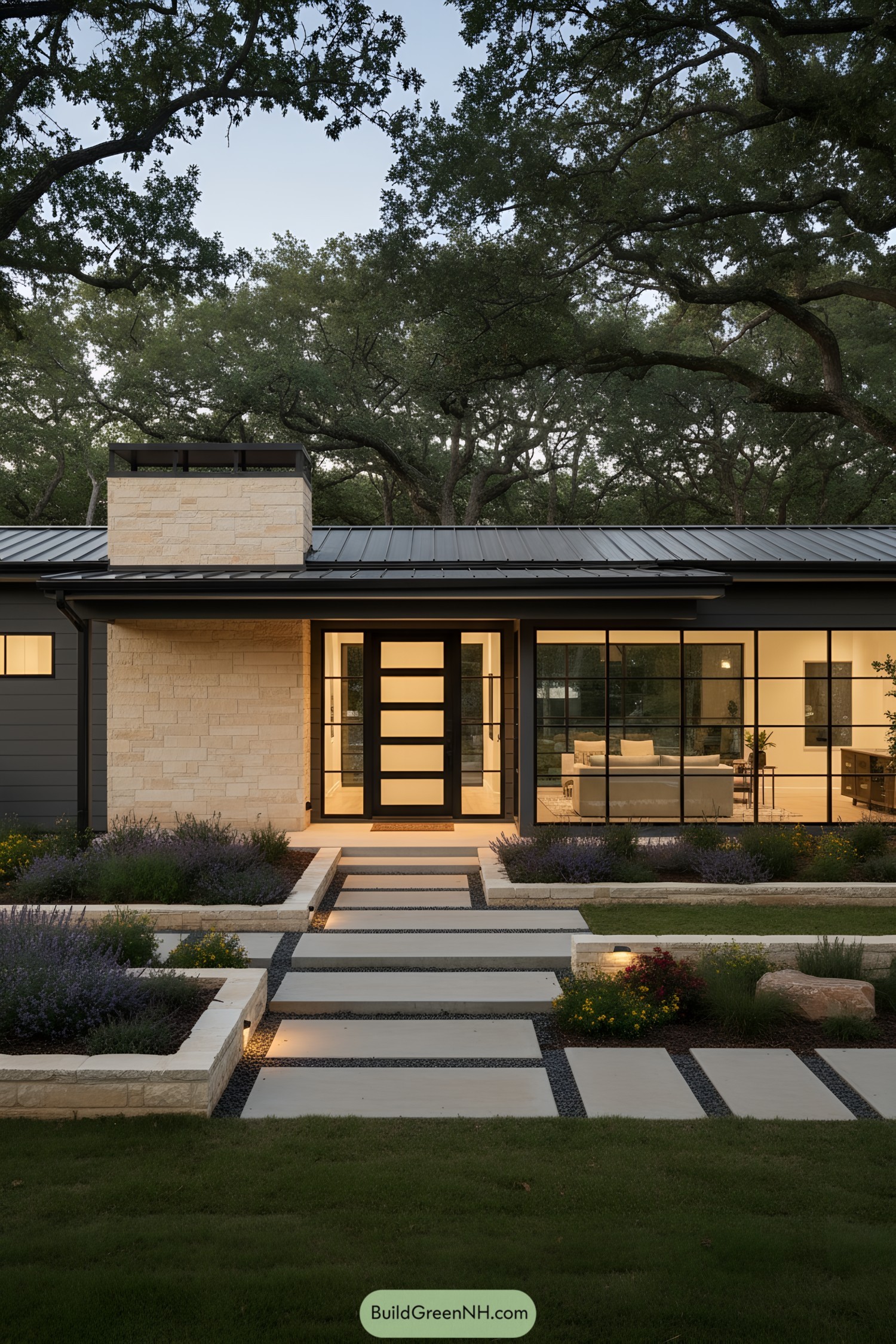 Modern ranch with black steel windows and stone entry