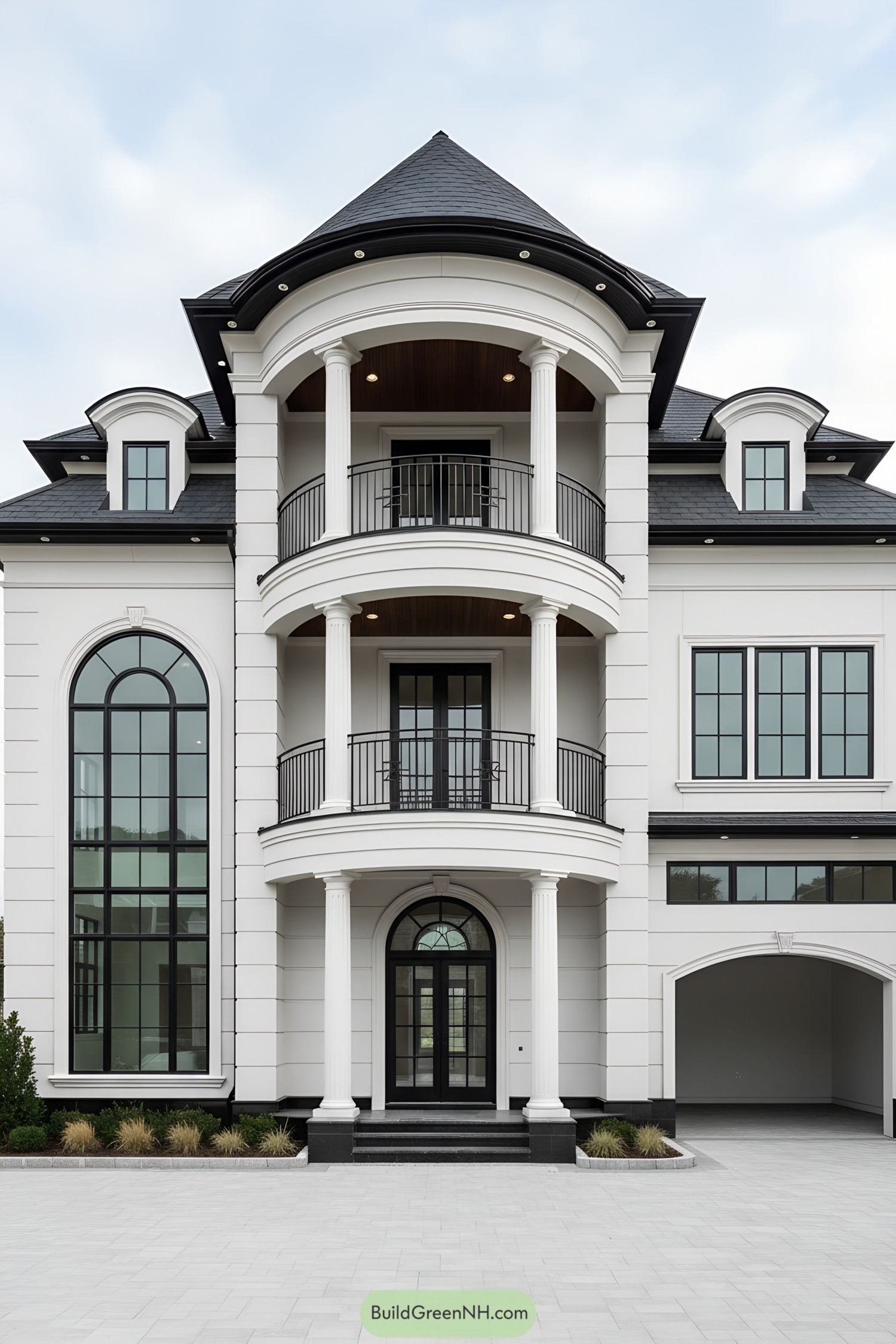 White stucco mansion with tiered curved balconies and black trim