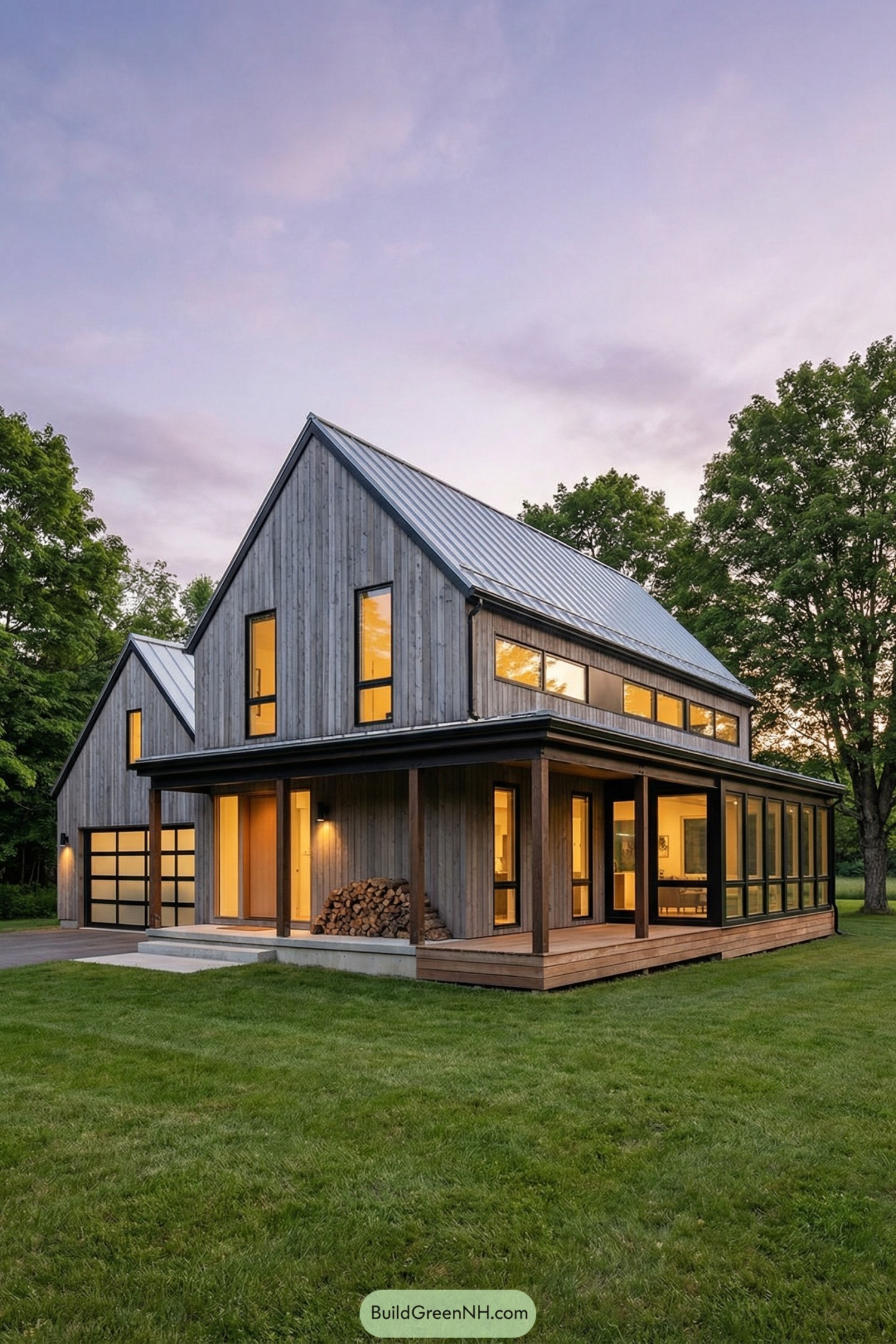 Modern wood farmhouse with large windows at dusk