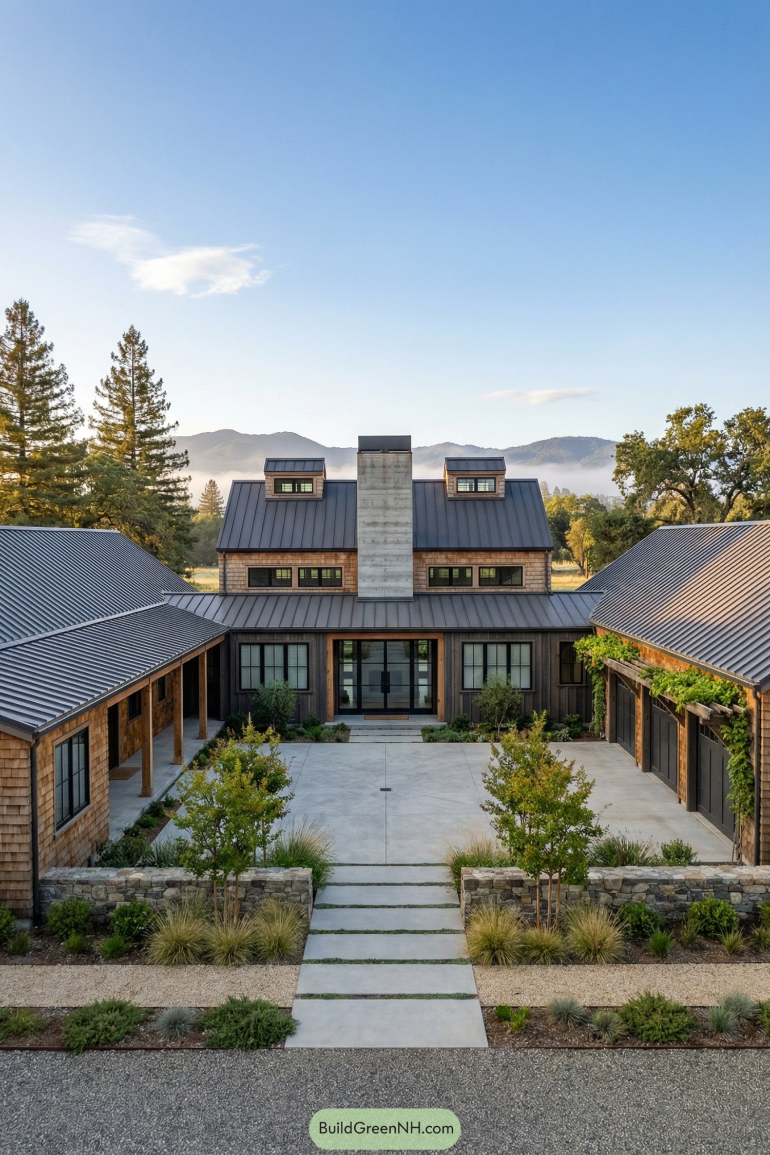 Modern ranch-style courtyard home with metal roofs and central concrete chimney framed by distant mountains