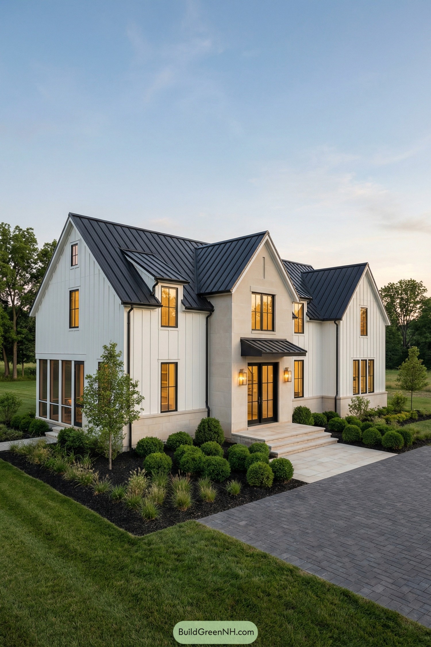 Modern white farmhouse with black metal roof and glowing windows at dusk