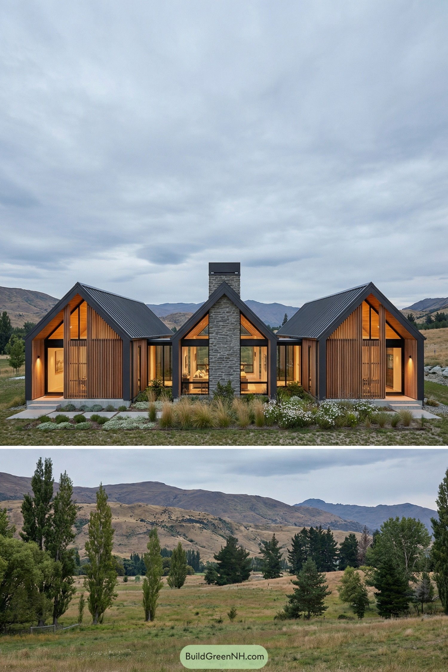Modern three-gable farmhouse with wood slats and large glass walls set in an open grassy valley