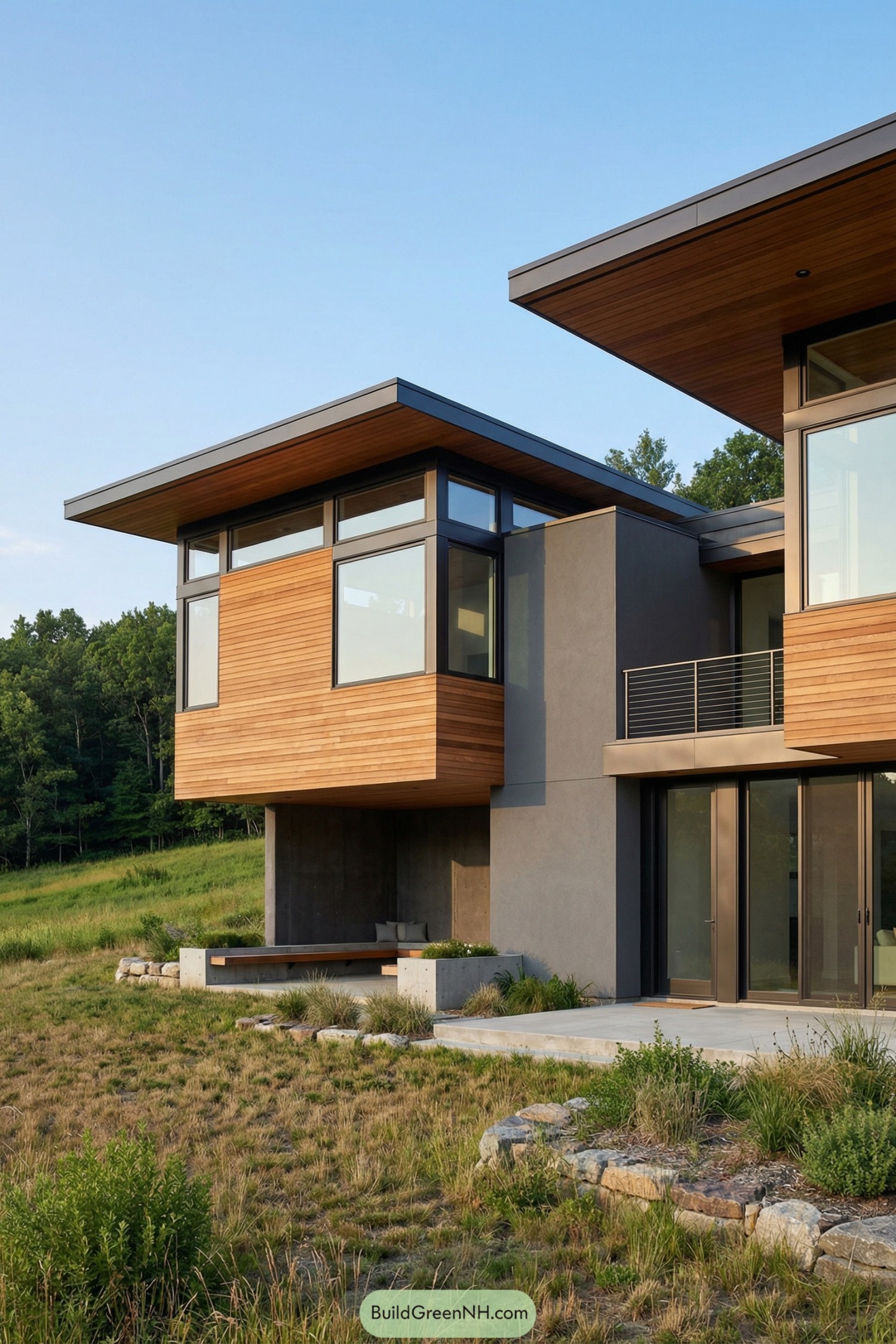 Modern cantilevered rural house with wood and glass