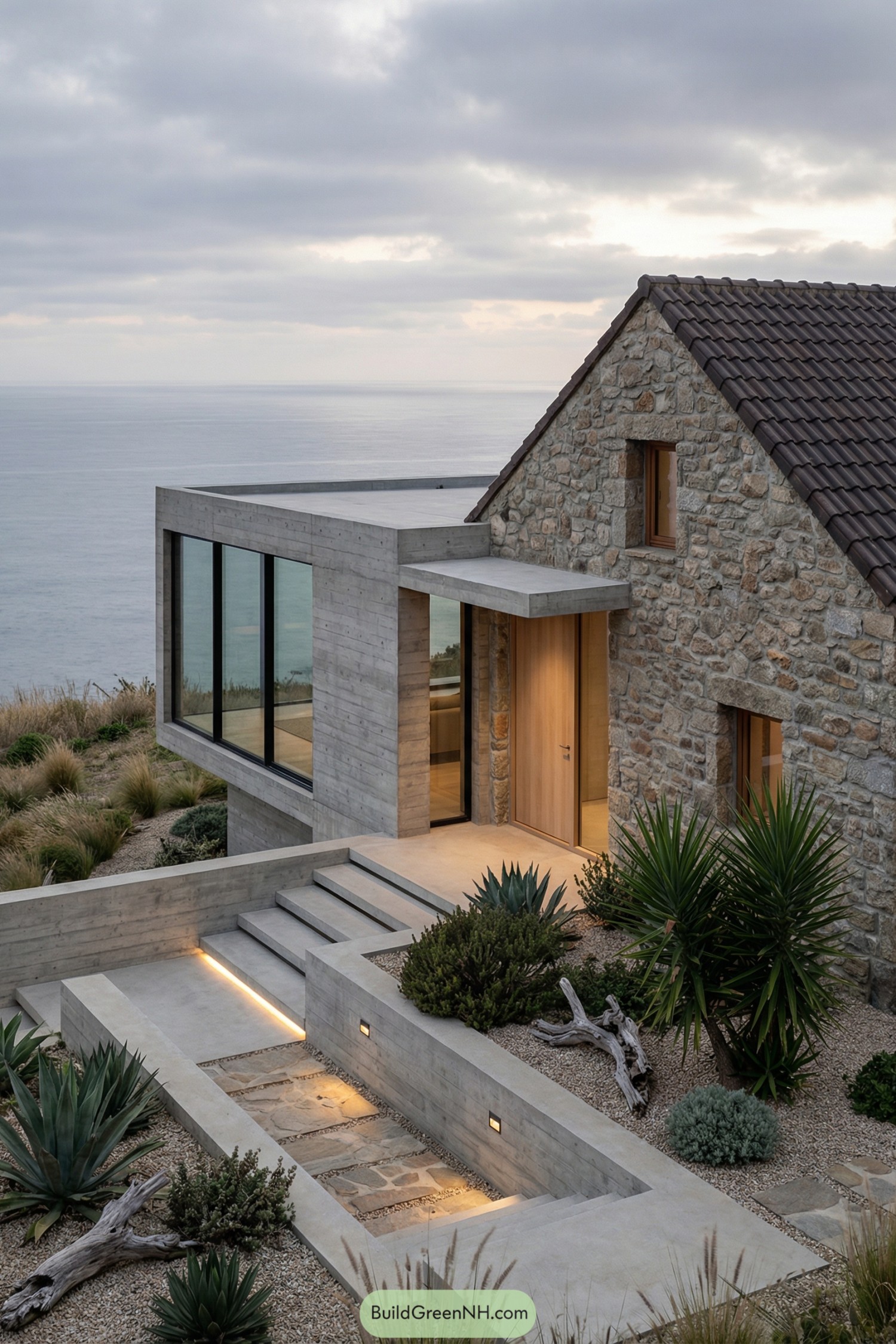 Modern stone and concrete coastal house