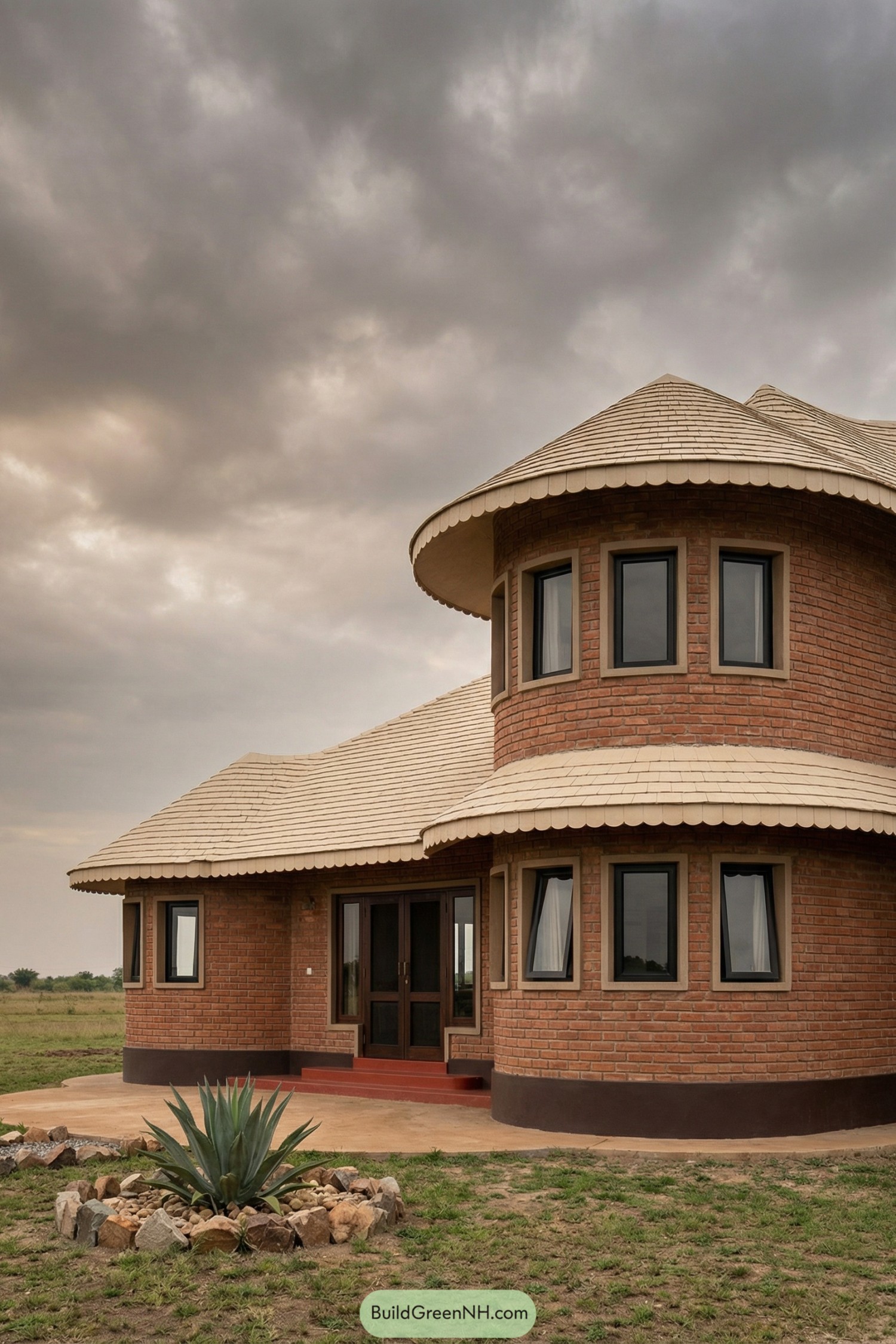 Curved brick rural house with pale shingle roof under cloudy sky