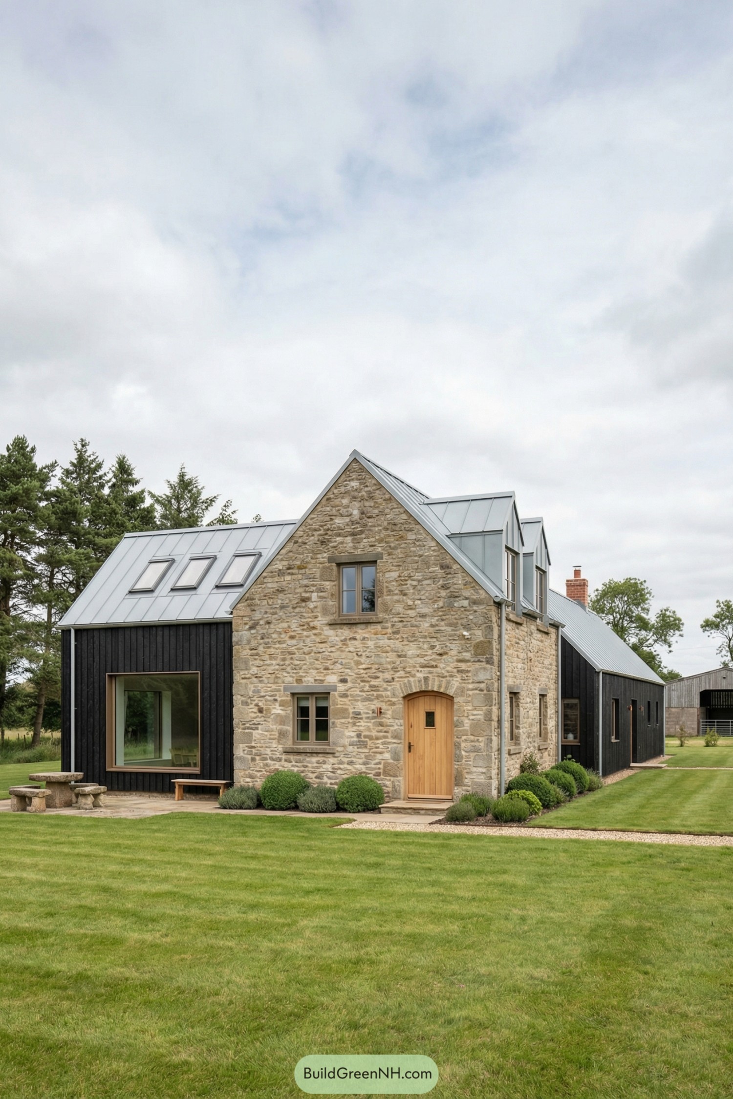 Modern stone farmhouse with black timber extensions