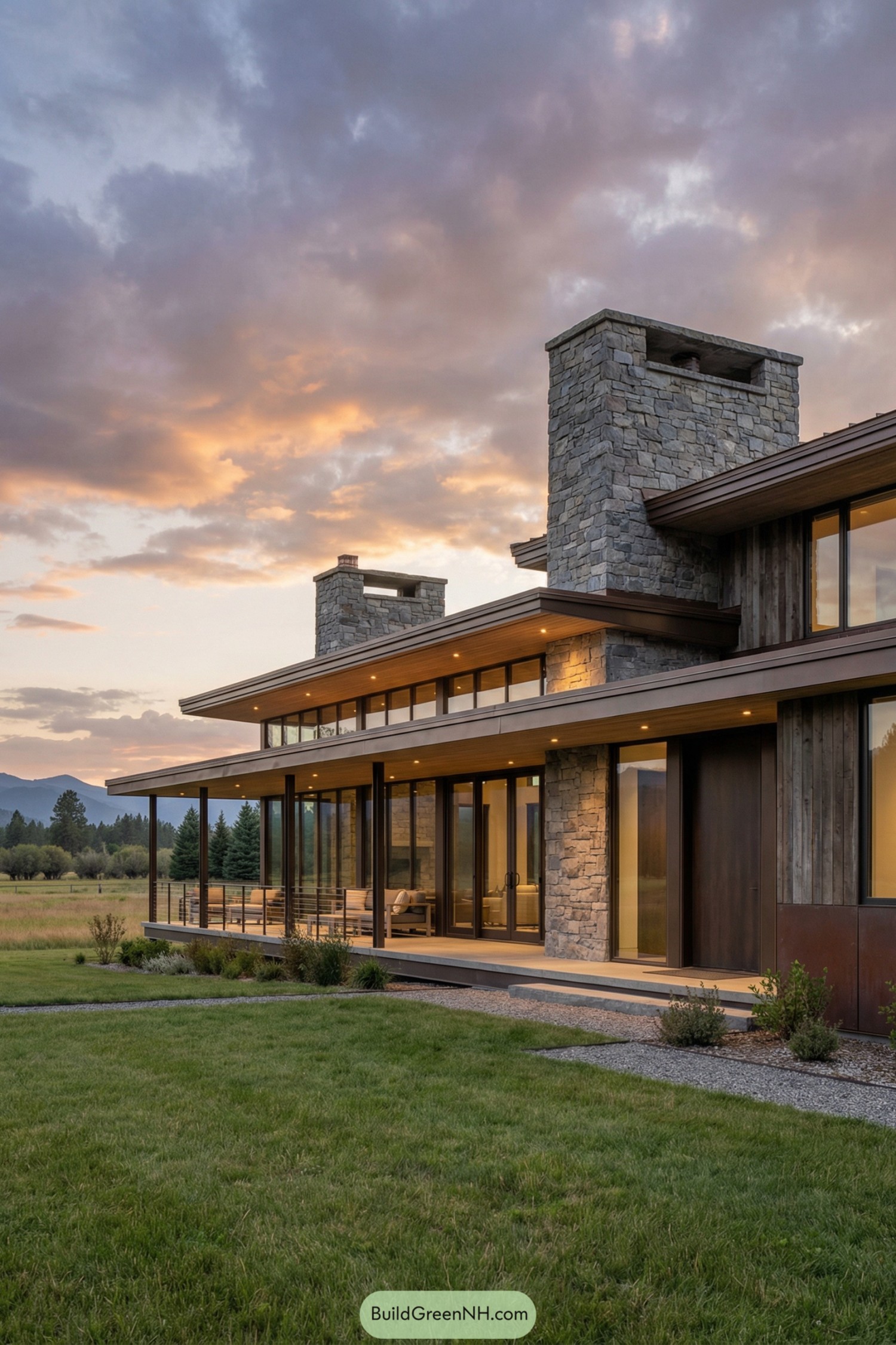 Modern rural house with stone chimneys at sunset