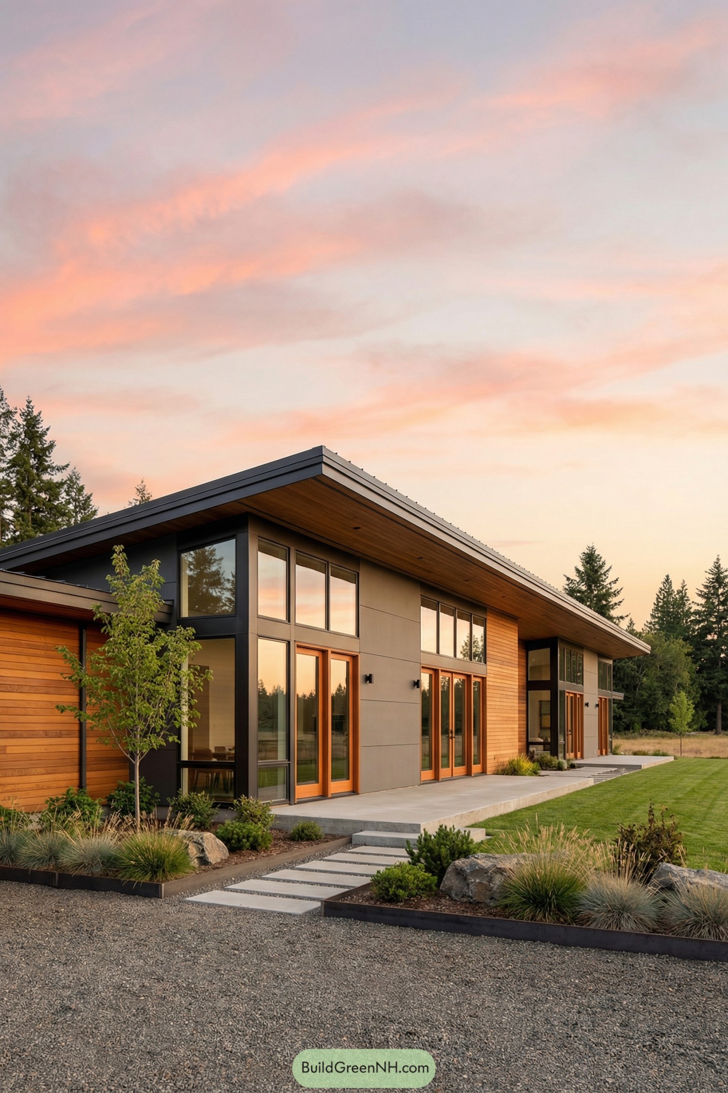 Modern low-slung rural house with wood siding large windows and metal roof