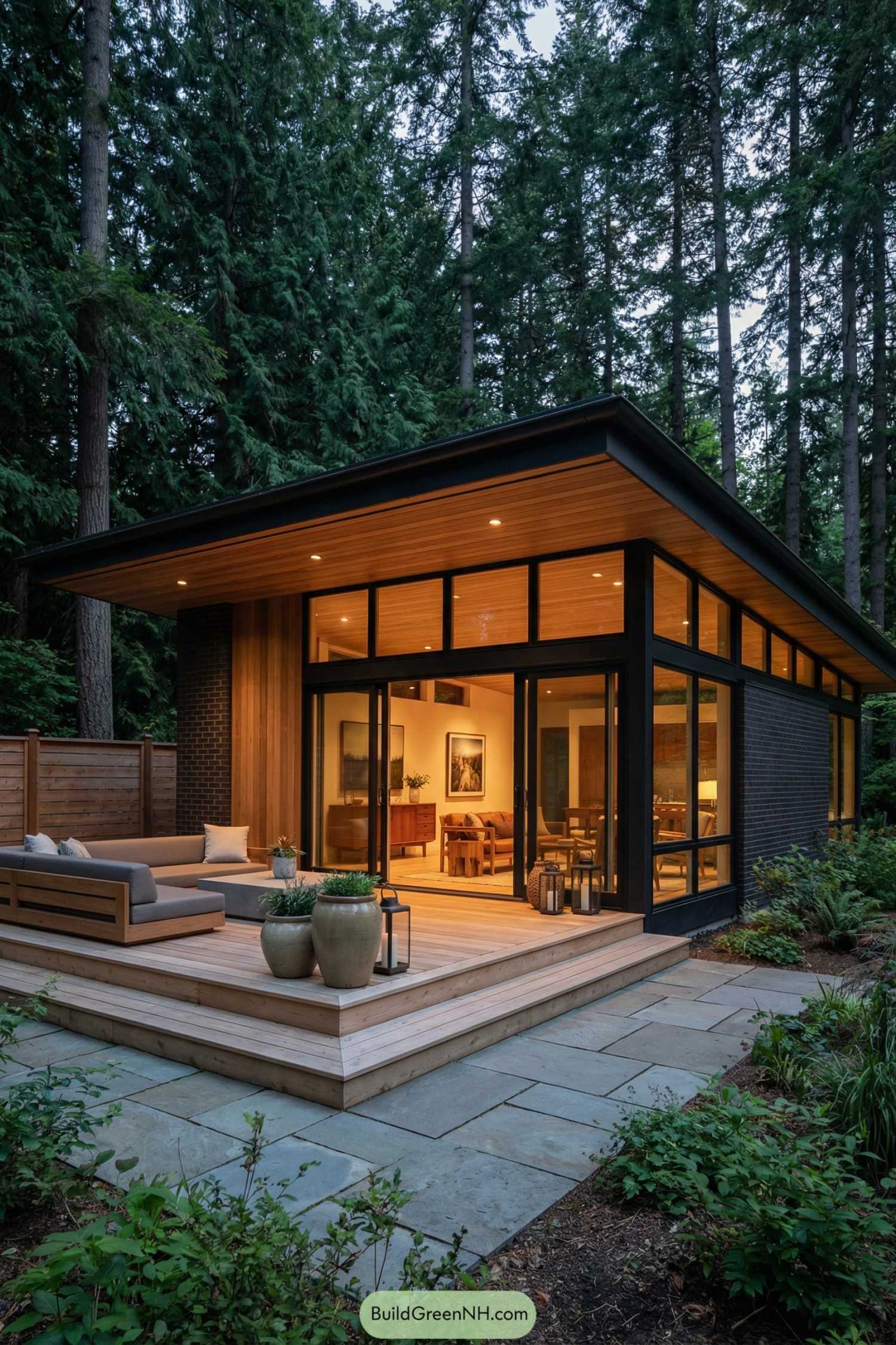 Modern cabin with glass walls and wood deck in a forest setting