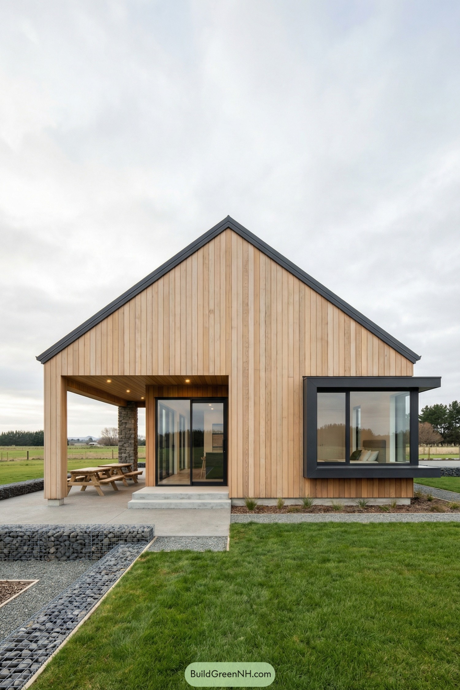 Modern wooden farmhouse with covered patio and large corner window facing open fields