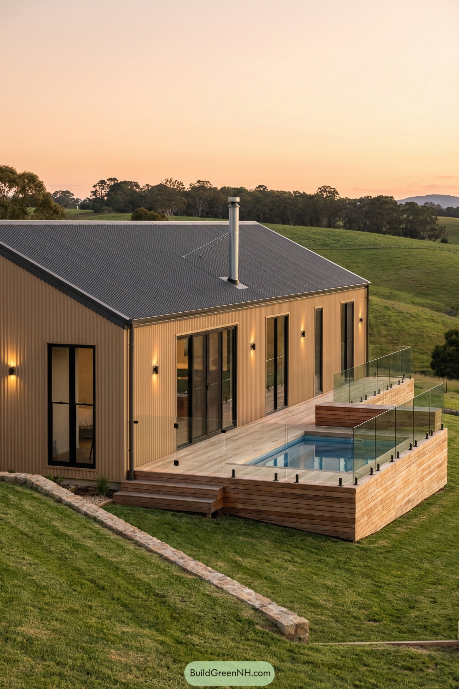 Modern barn-style rural house with wood deck and small pool overlooking rolling green fields at sunset