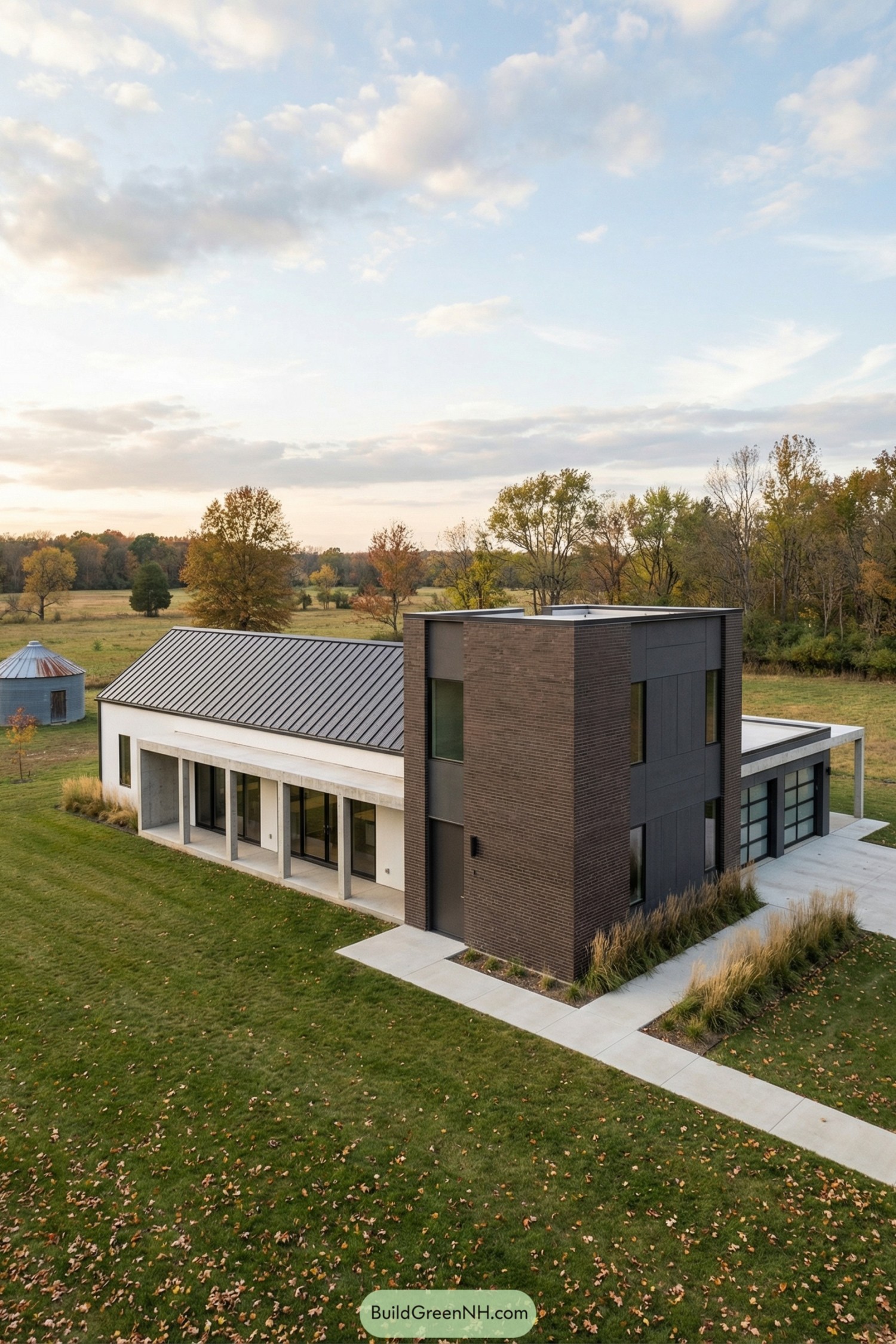 Contemporary farmhouse with dark brick tower in open countryside