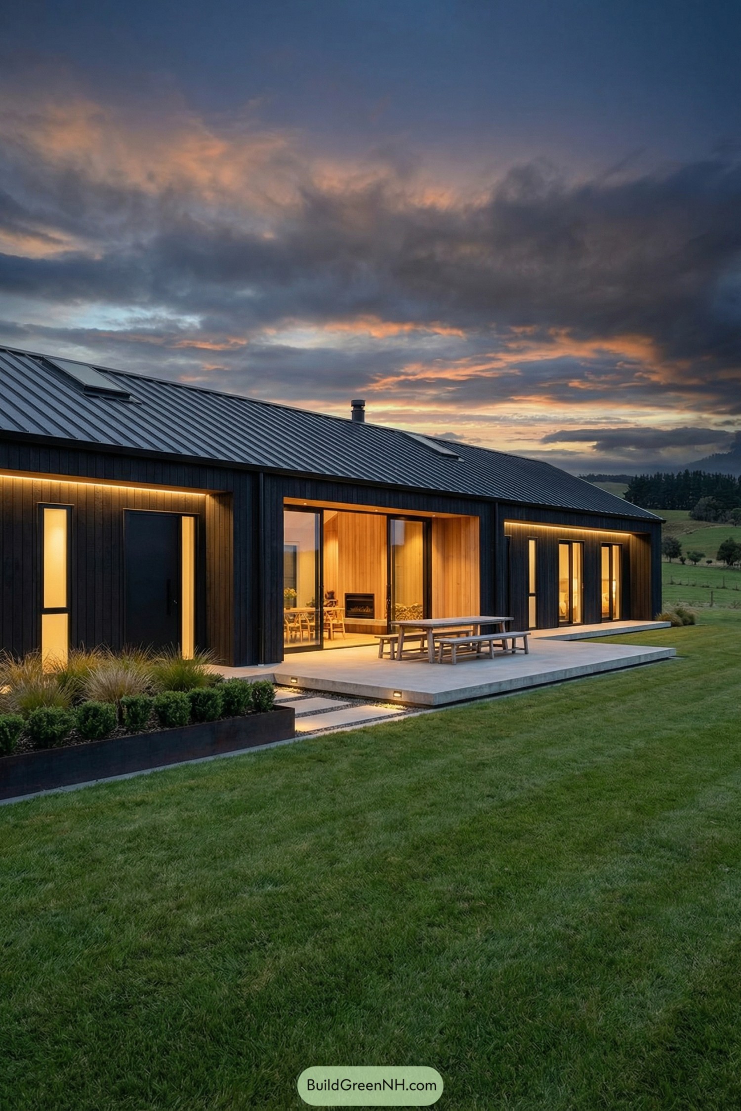 Modern black-clad rural house with glowing wood interior at sunset