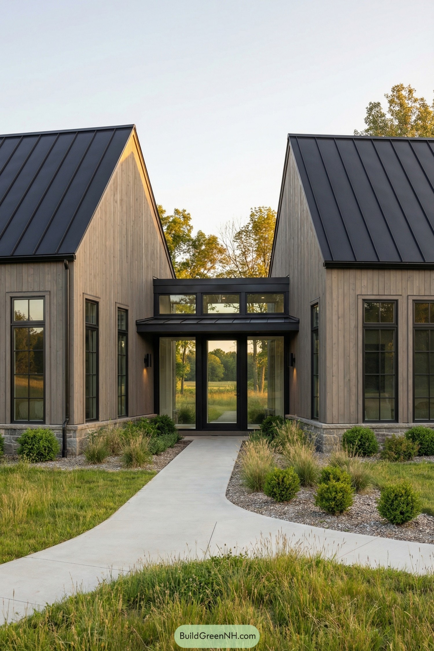 Modern twin-gabled rural home joined by a glass entry hall