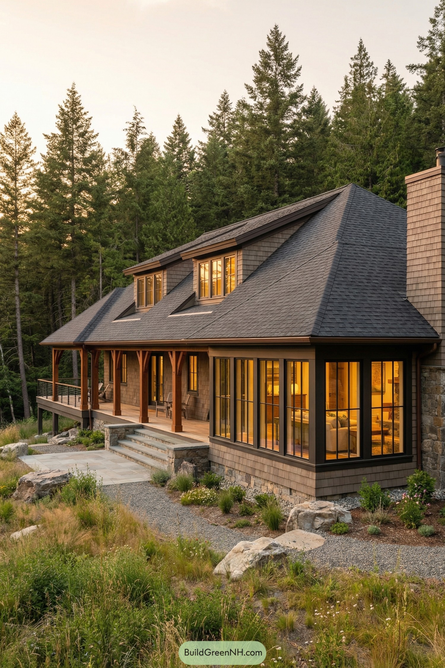 Warm-lit shingle house with wraparound porch in forest setting