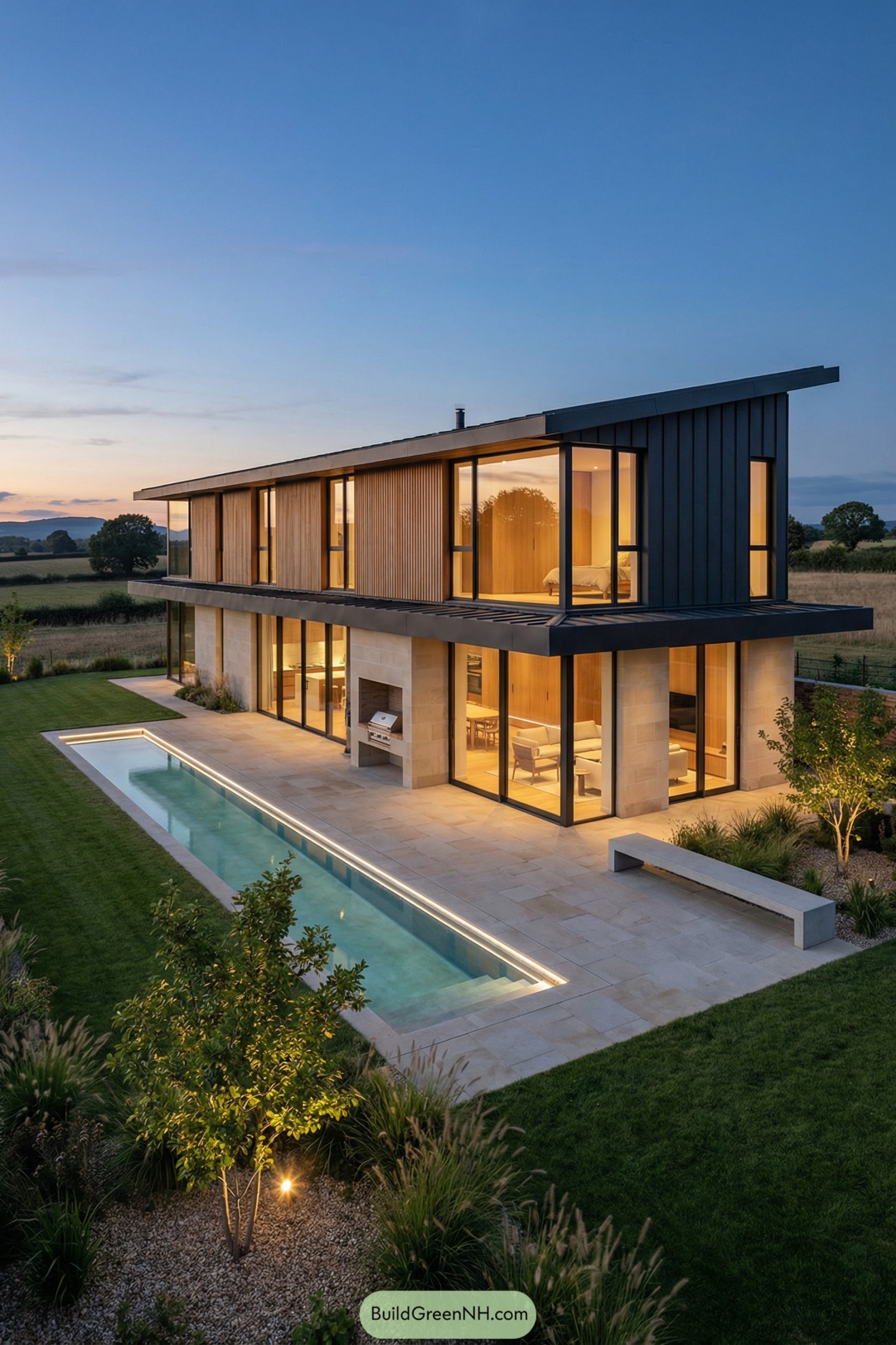 Modern two story countryside home with long lap pool at dusk