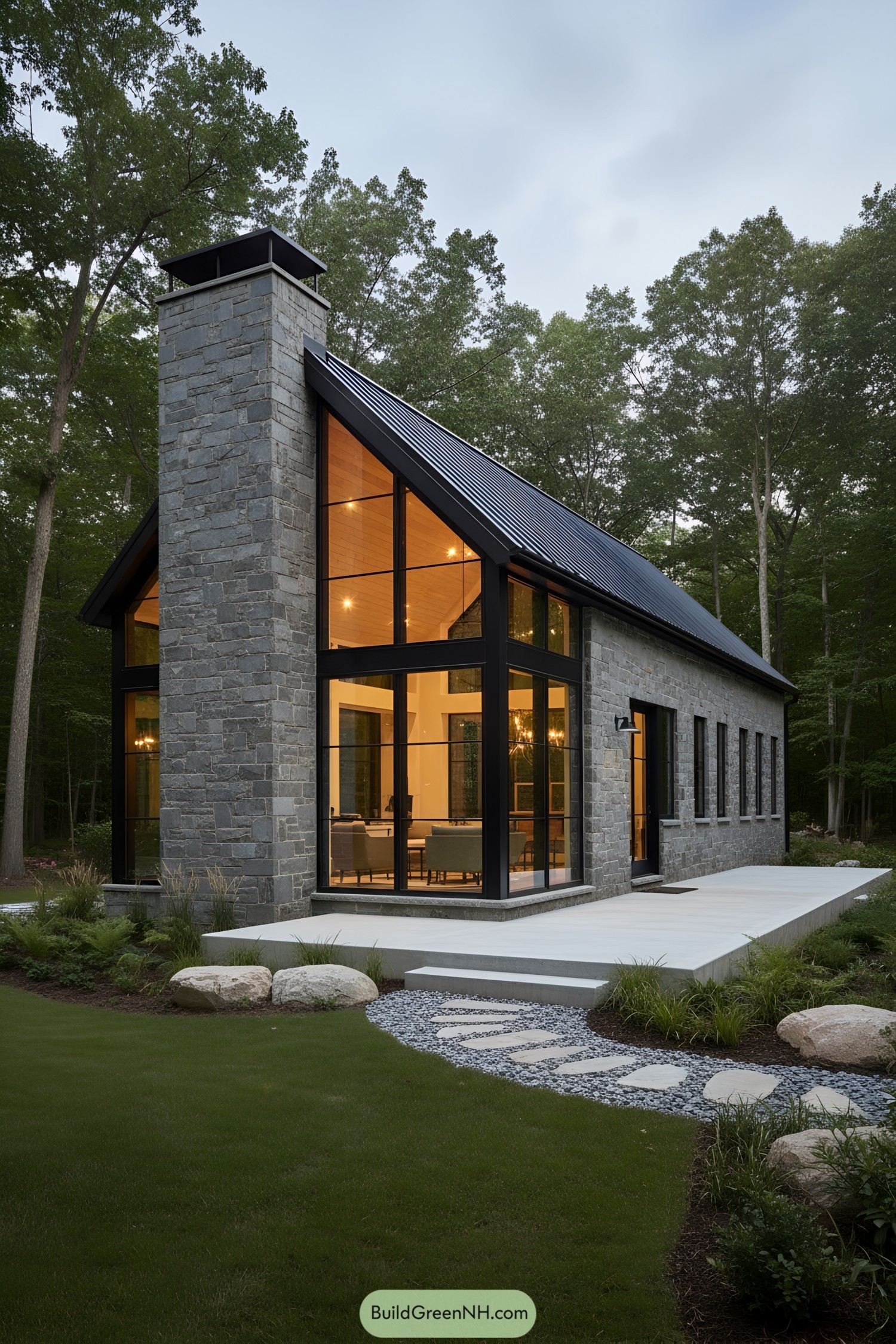 Modern stone cabin with glass gable