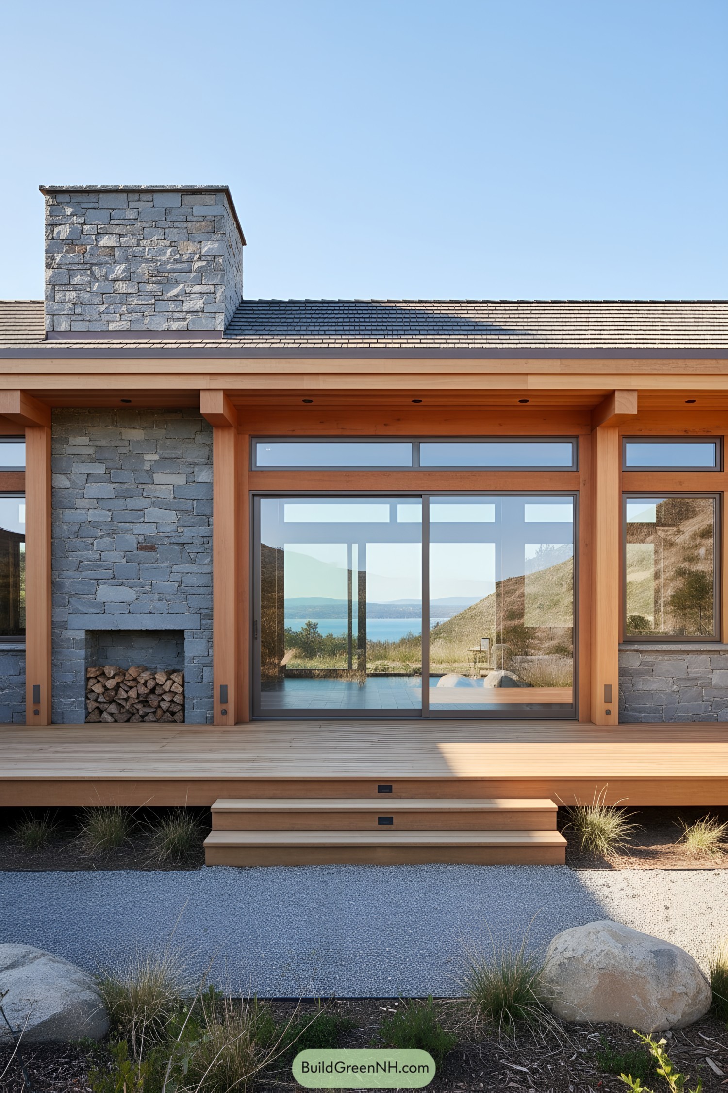 Modern stone cabin with large glass doors and wood framing