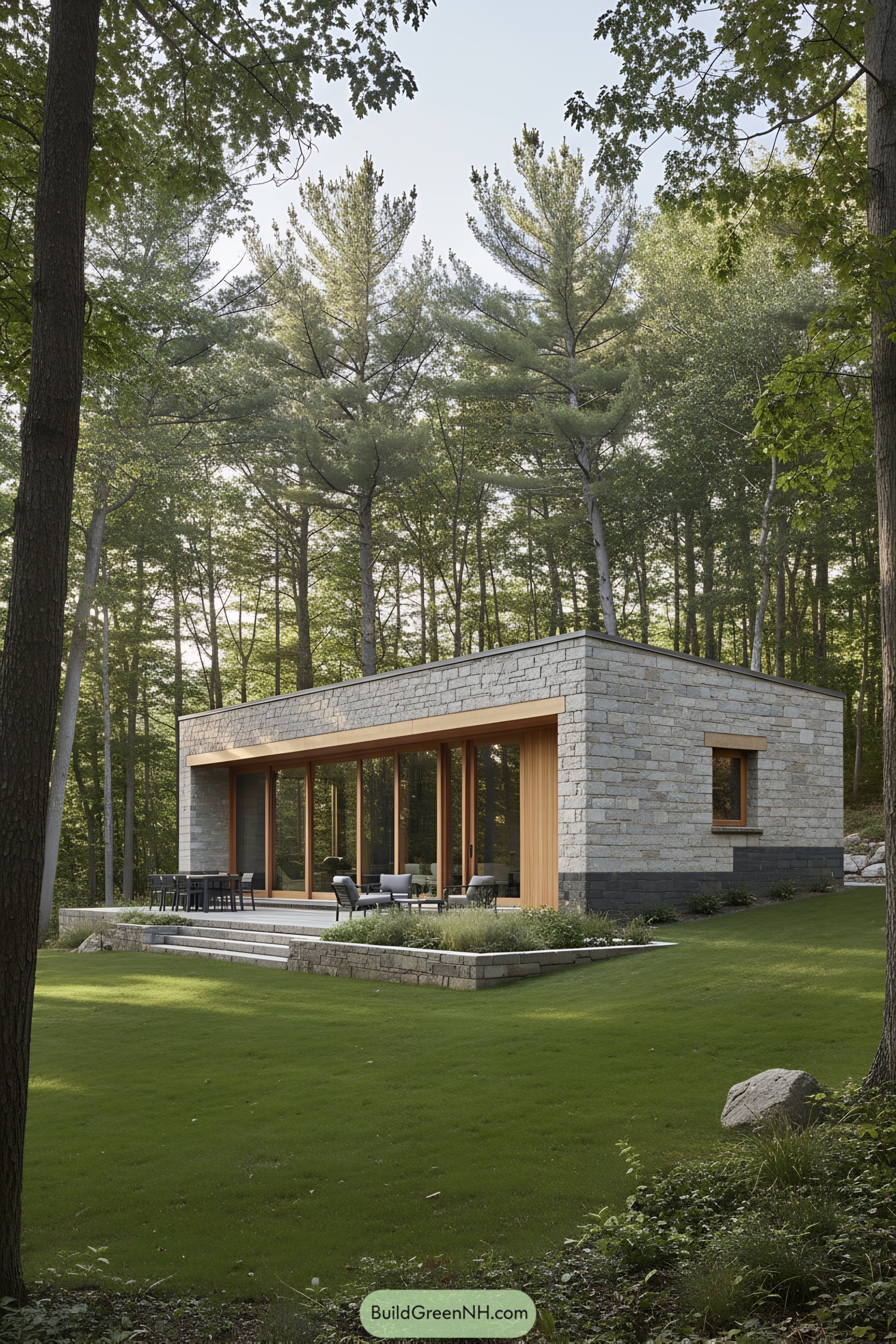 Low rectangular stone cabin with wood-framed glass wall facing a forest clearing
