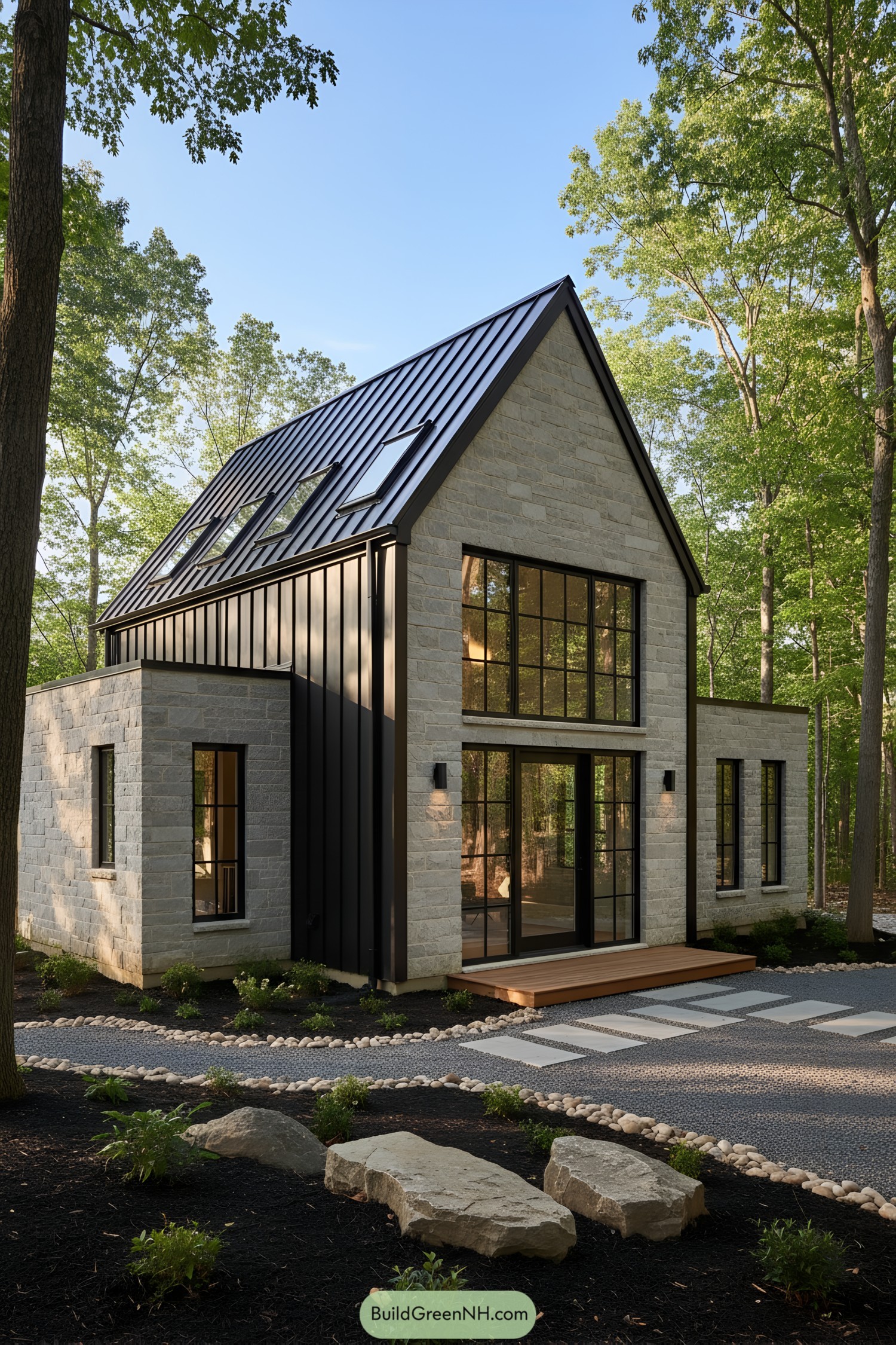 Compact stone cabin with black metal gable roof and large grid windows among trees