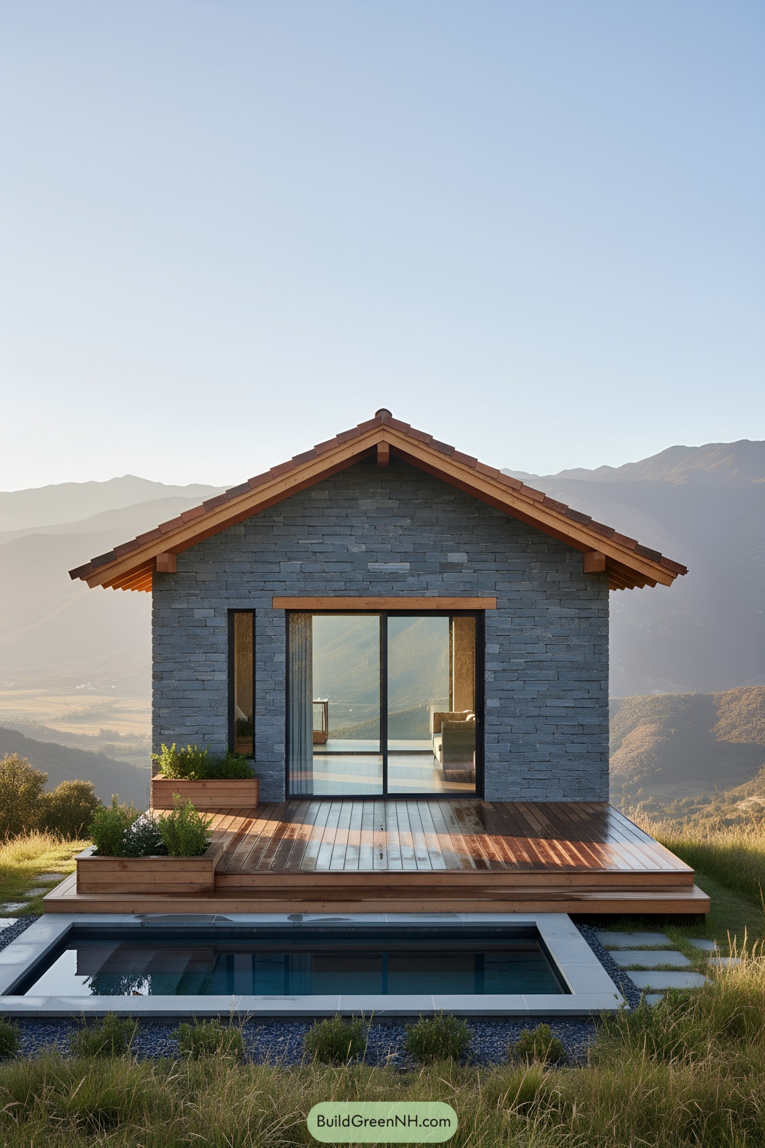 Small stone cabin with wood deck and plunge pool, facing mountain views