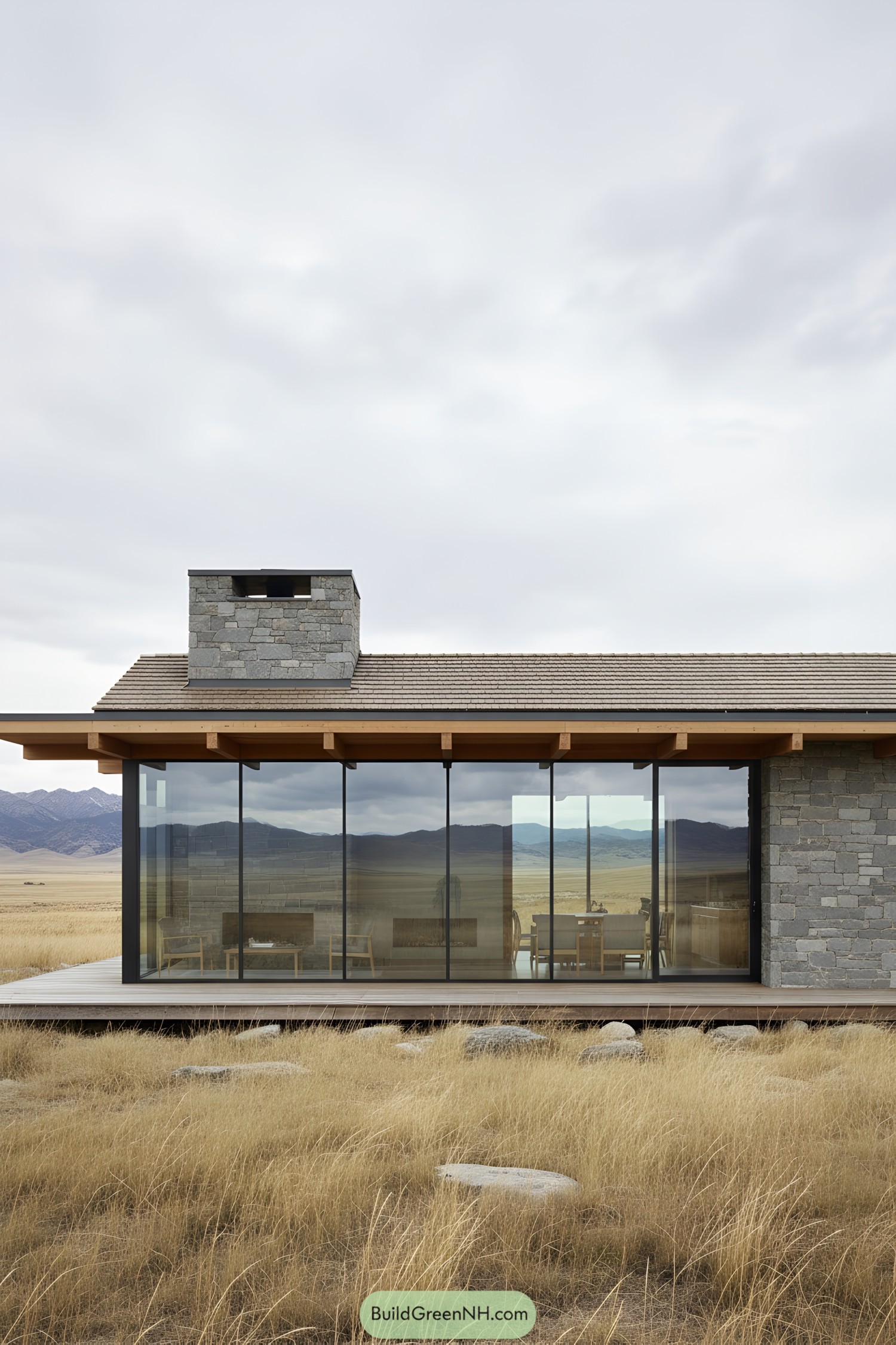 Low stone cabin with full-height glass wall