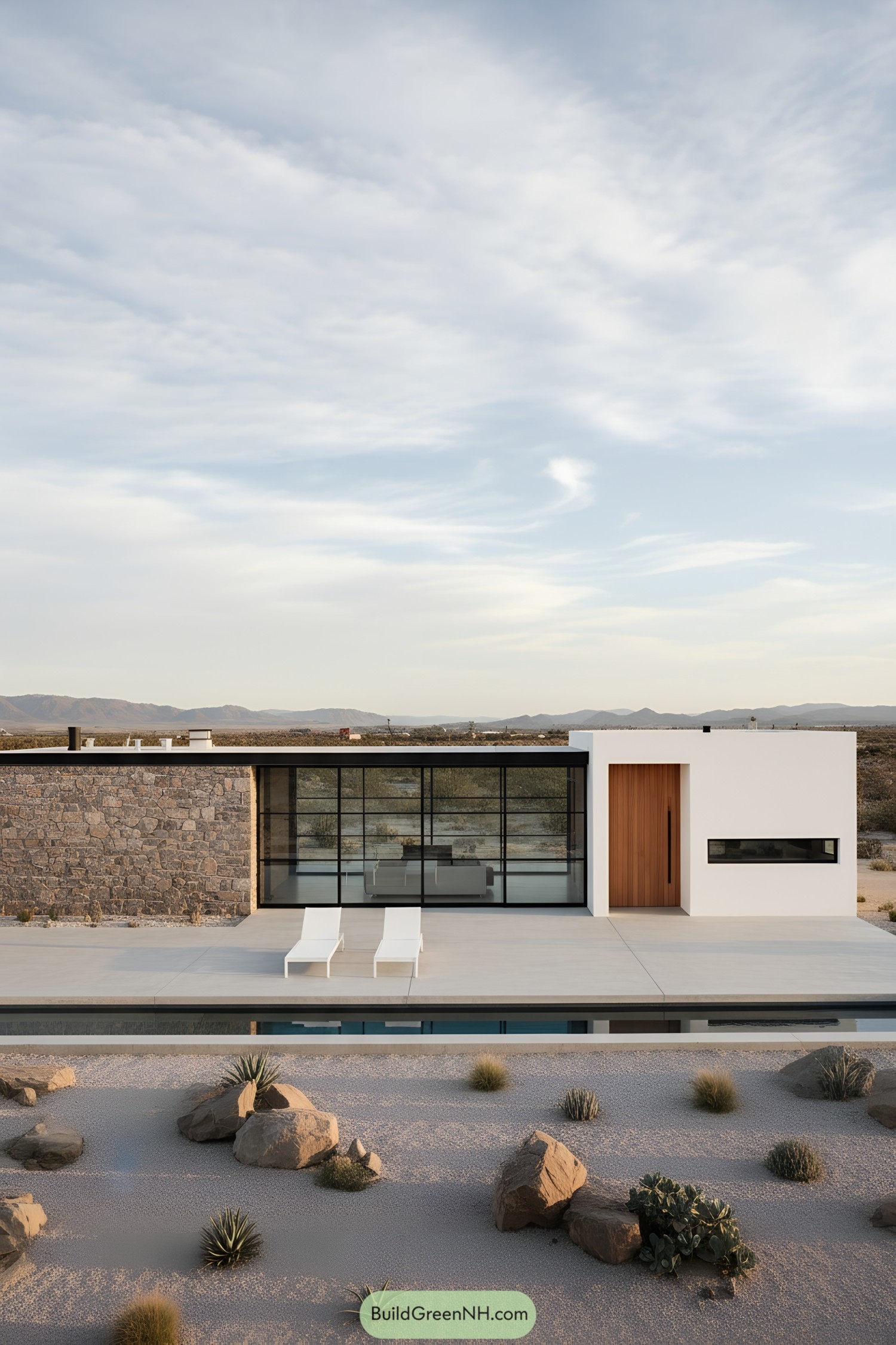 Low, modern stone-and-glass cabin with a white stucco volume, black-framed glazing, and a slim pool facing a sparse desert landscape
