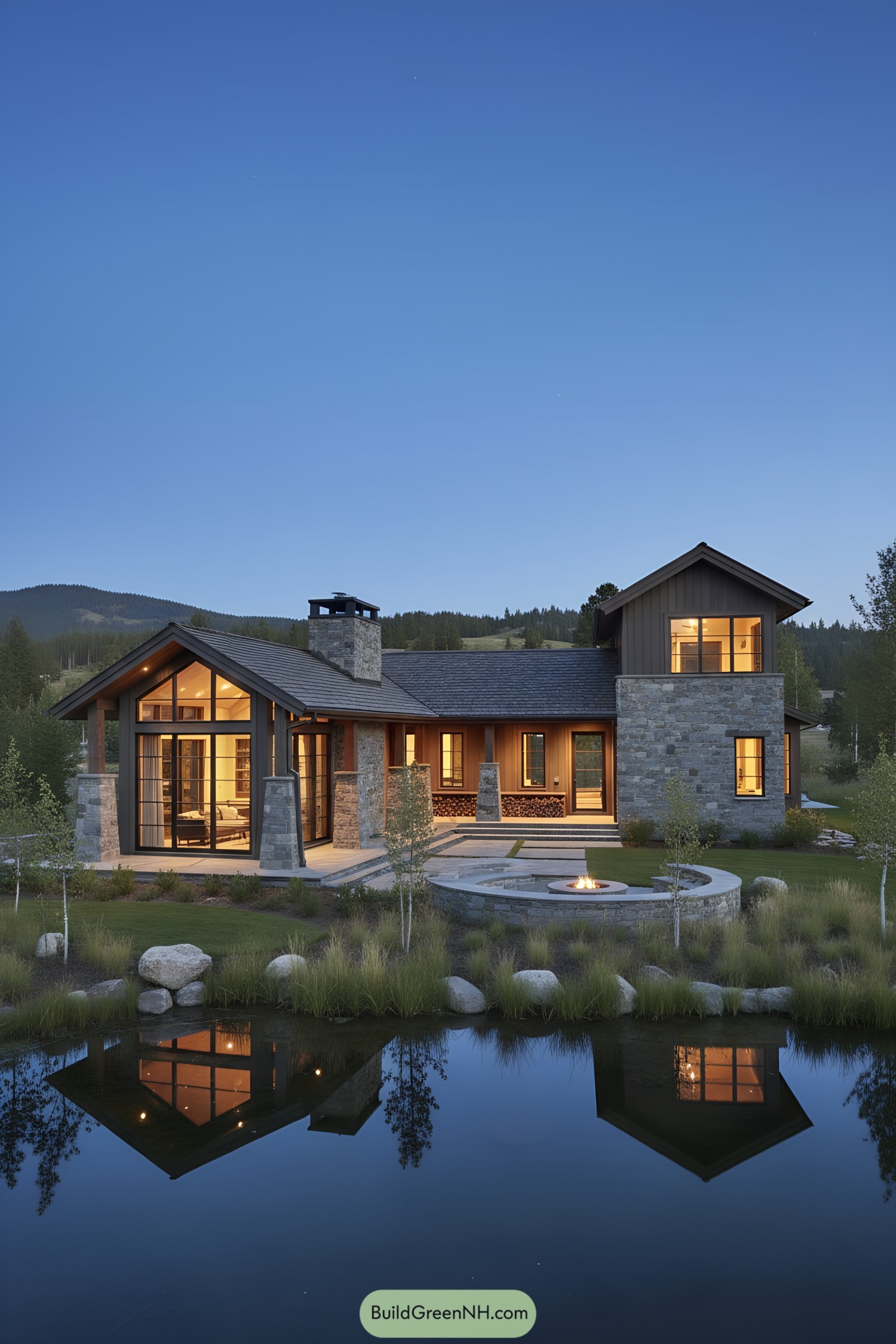 Modern stone cabin by a pond at dusk with tall windows, timber accents, and a circular sunken fire pit